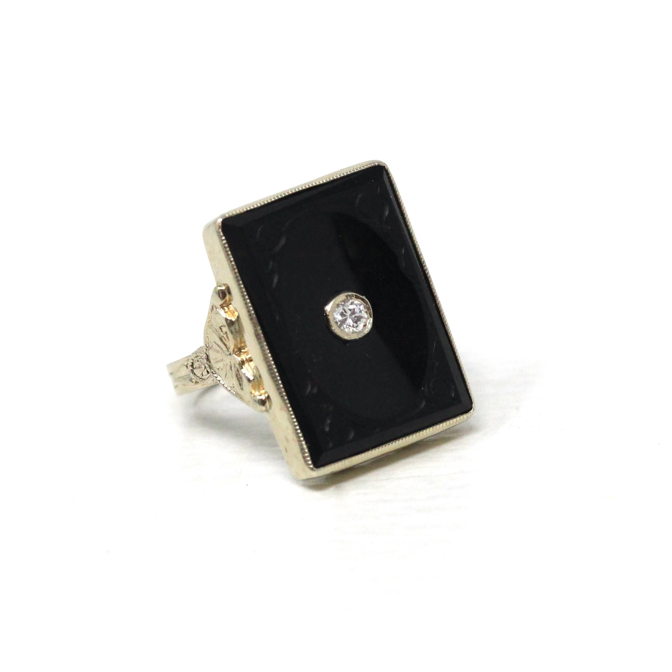 Onyx & Diamond Ring - Art Deco 14k White Gold Carved Black Gem Rectangle Filigree - Vintage Circa 1930s Sz 3.5 Fine Engraved Signet Jewelry