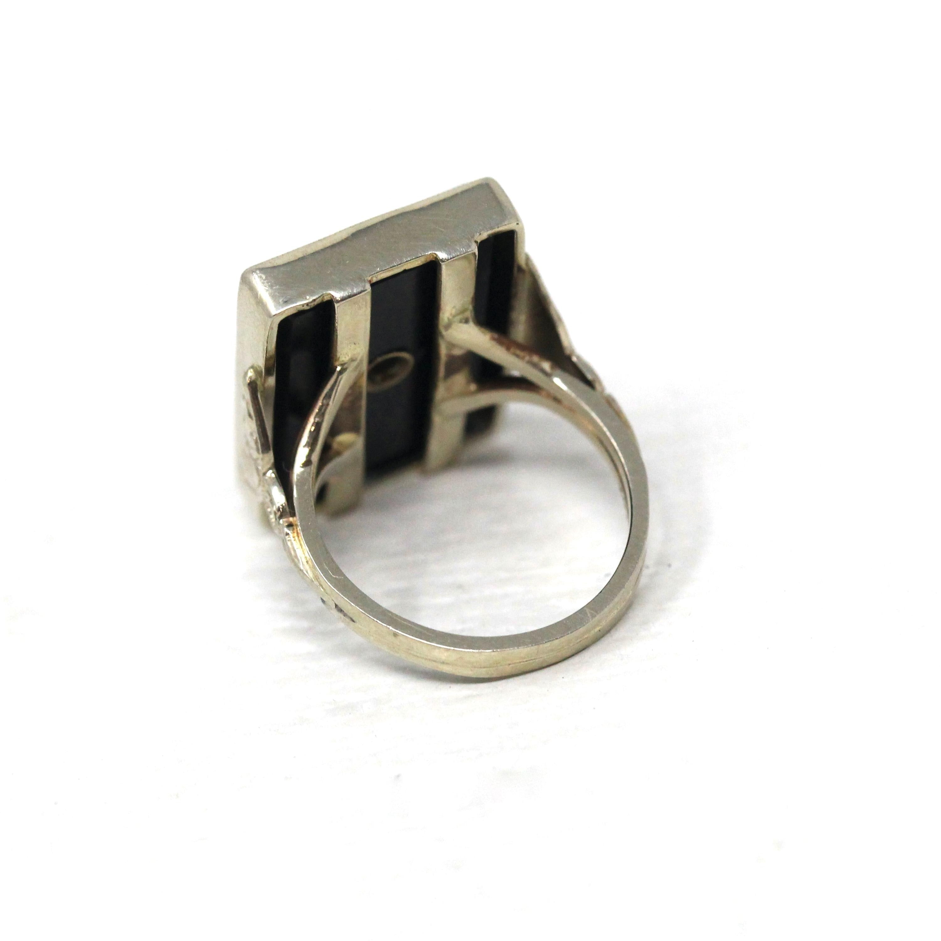 Onyx & Diamond Ring - Art Deco 14k White Gold Carved Black Gem Rectangle Filigree - Vintage Circa 1930s Sz 3.5 Fine Engraved Signet Jewelry