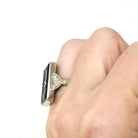 Onyx & Diamond Ring - Art Deco 14k White Gold Carved Black Gem Rectangle Filigree - Vintage Circa 1930s Sz 3.5 Fine Engraved Signet Jewelry