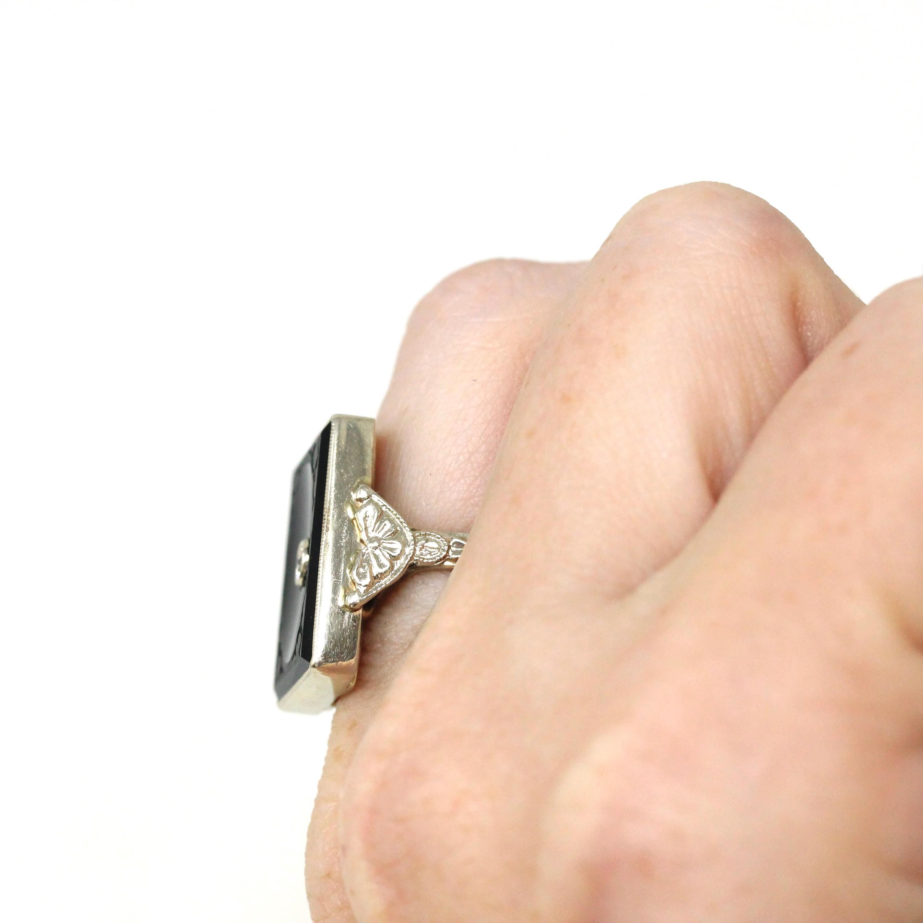 Onyx & Diamond Ring - Art Deco 14k White Gold Carved Black Gem Rectangle Filigree - Vintage Circa 1930s Sz 3.5 Fine Engraved Signet Jewelry