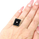 Onyx & Diamond Ring - Art Deco 14k White Gold Carved Black Gem Rectangle Filigree - Vintage Circa 1930s Sz 3.5 Fine Engraved Signet Jewelry