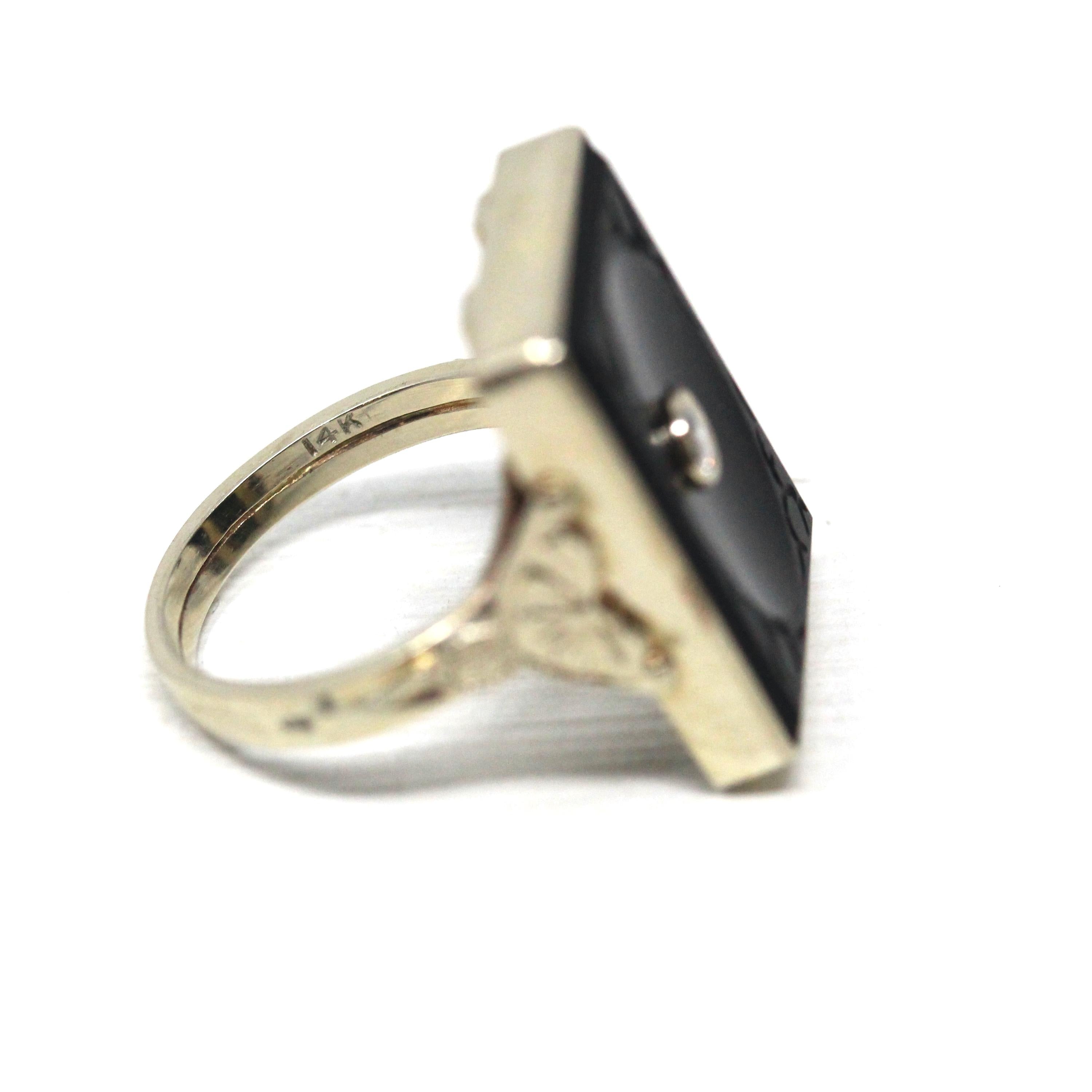 Onyx & Diamond Ring - Art Deco 14k White Gold Carved Black Gem Rectangle Filigree - Vintage Circa 1930s Sz 3.5 Fine Engraved Signet Jewelry