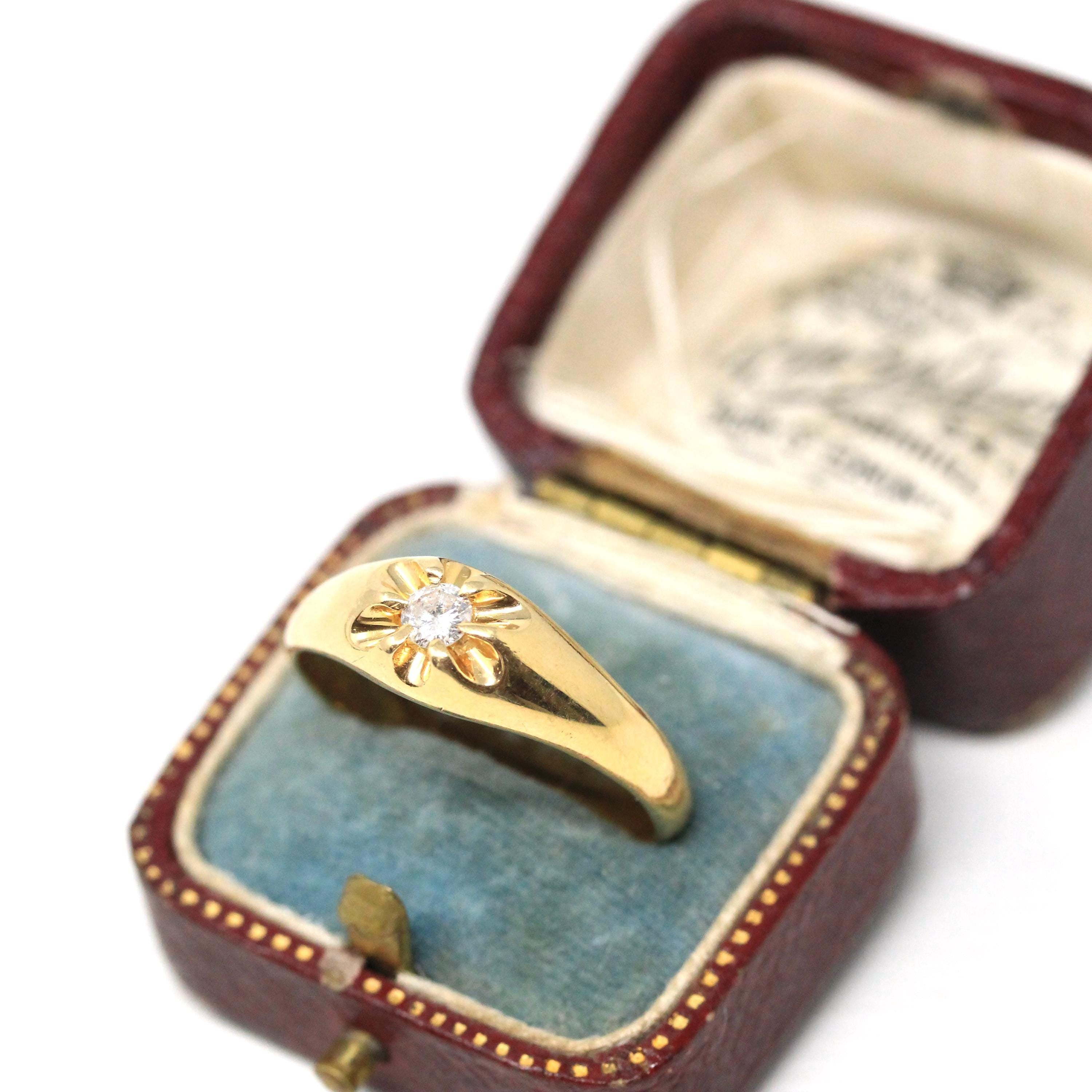 Edwardian Diamond Ring - Antique 14k Yellow Gold Natural Round Brilliant Cut Gem - Vintage 1910s Size 11 1/4 Belcher Fine Engagement Jewelry