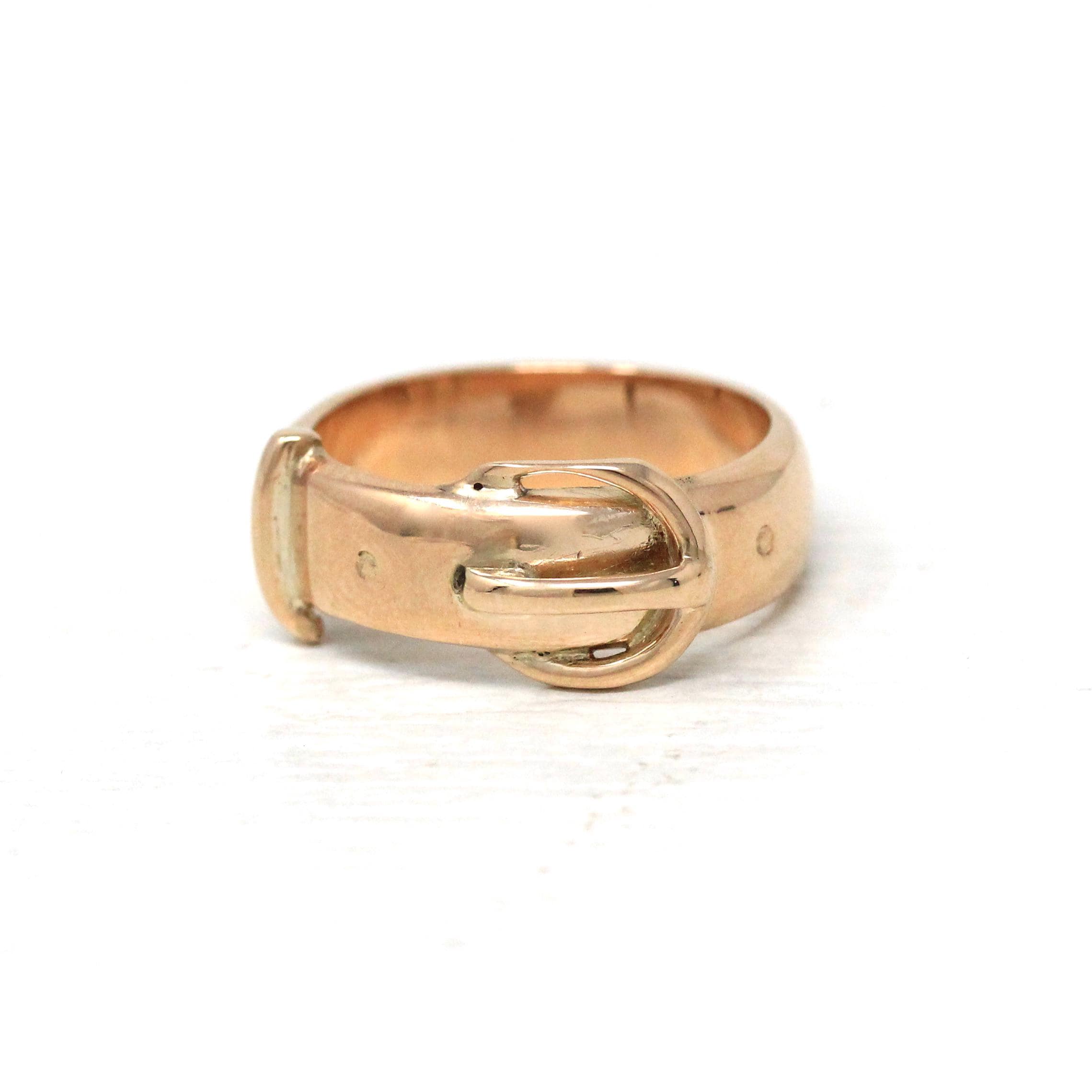 Antique Buckle Ring - Victorian 14k Rose Gold Belt Band Letters "ANF" Initials - Vintage Circa 1890s Era Size 5 1/2 Statement Fine Jewelry