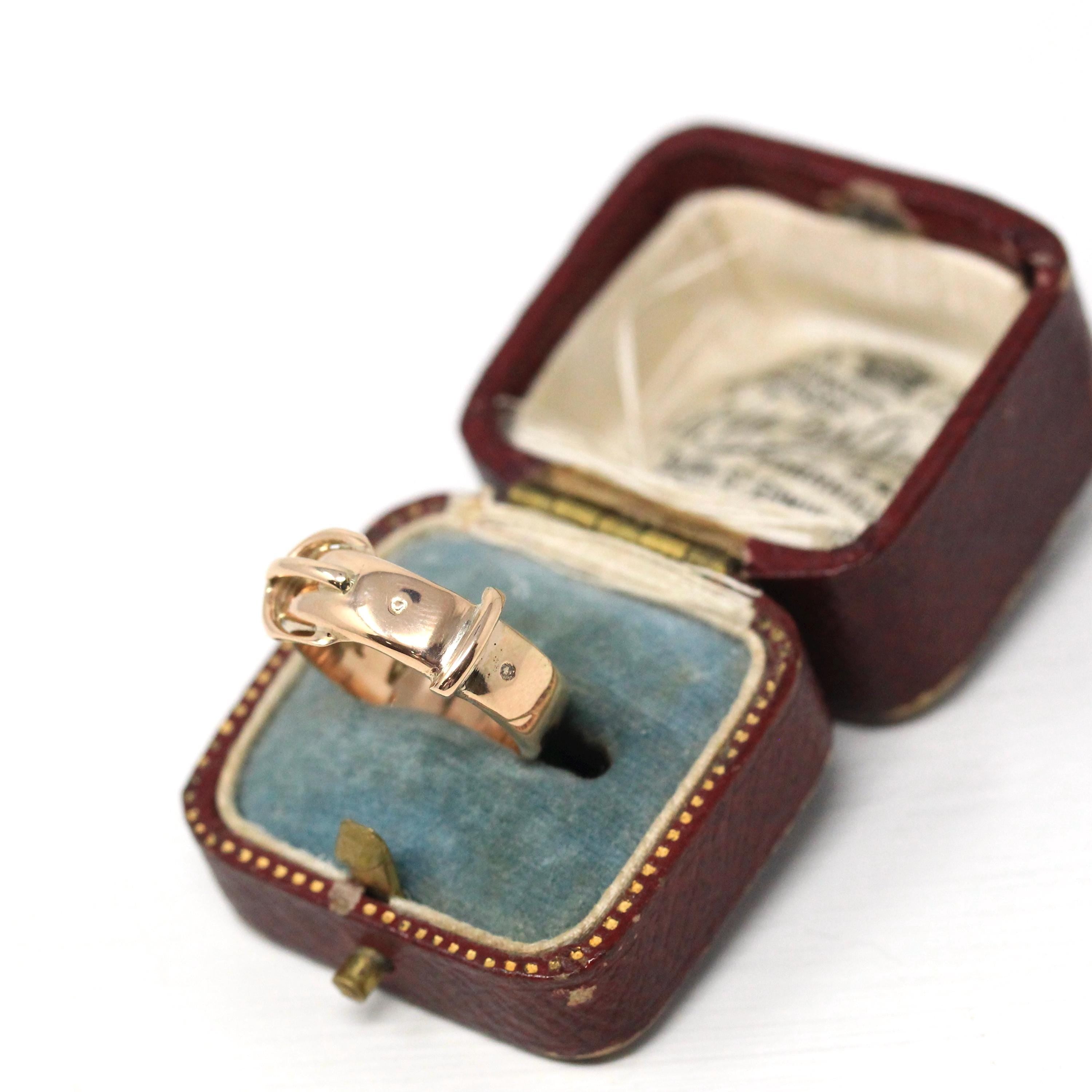 Antique Buckle Ring - Victorian 14k Rose Gold Belt Band Letters "ANF" Initials - Vintage Circa 1890s Era Size 5 1/2 Statement Fine Jewelry