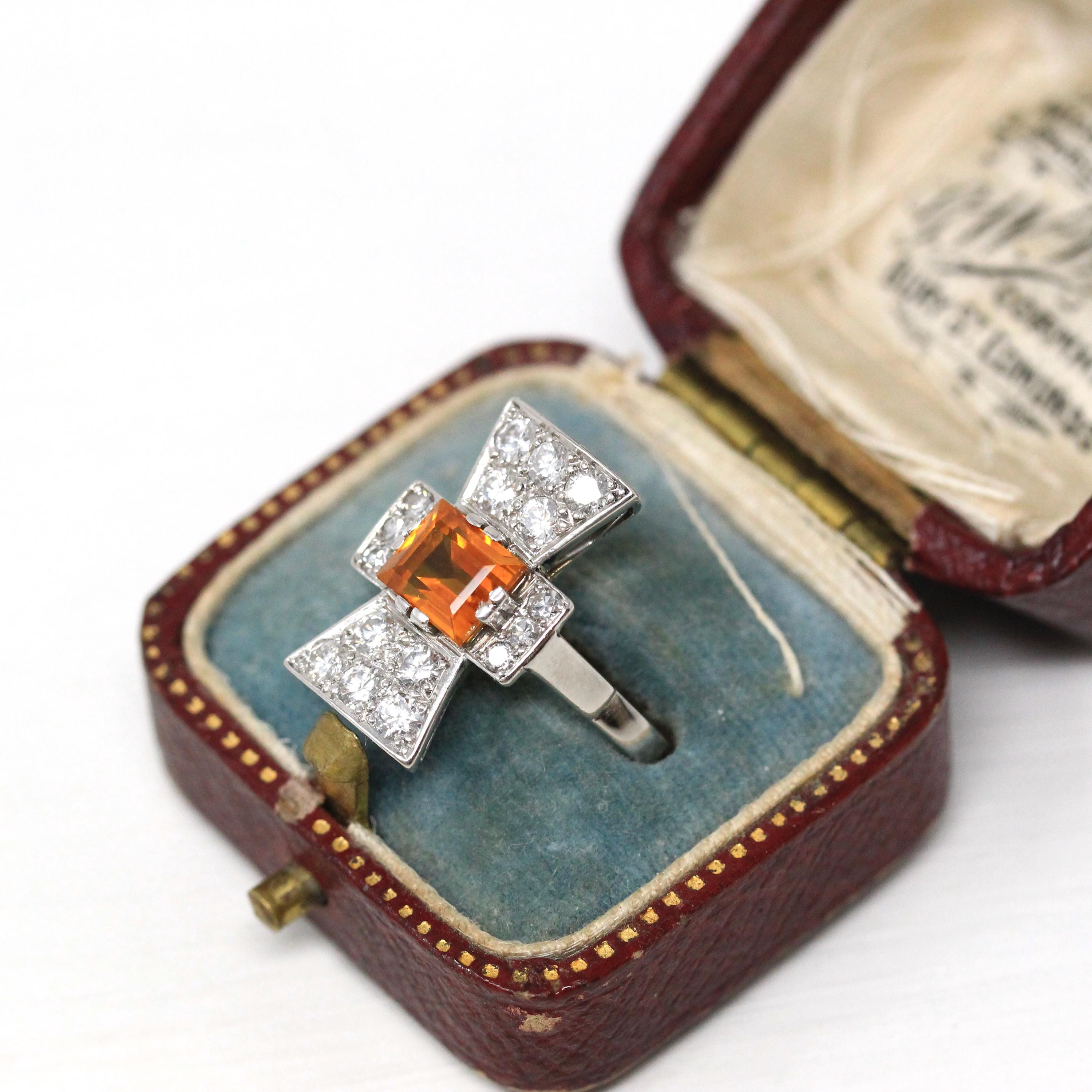 Orange Sapphire Ring - Vintage Estate Platinum Natural Orange Gem & Diamonds - 1950s Style Size 6 3/4 Fine Alternative Engagement Jewelry