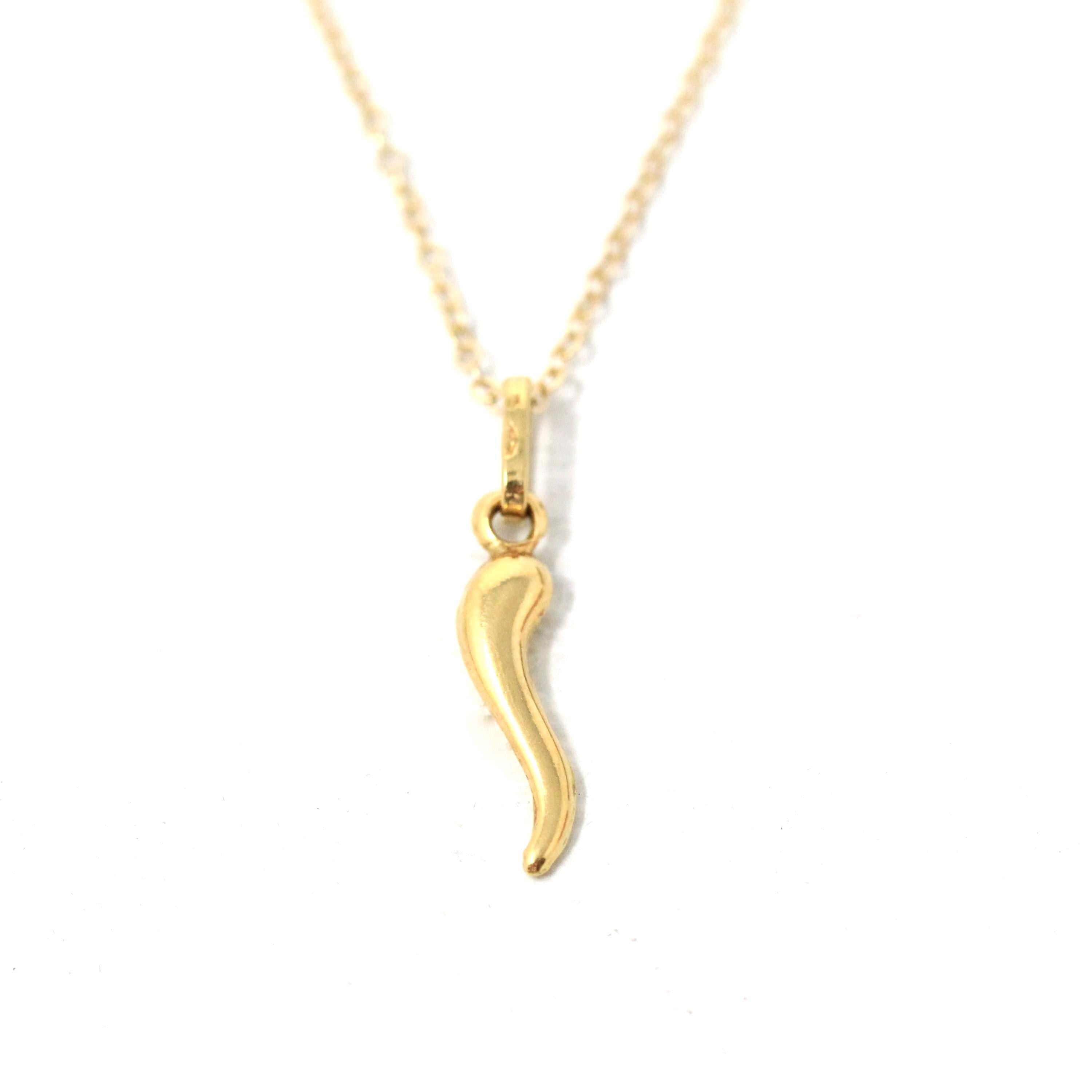 Italian Horn Charm - Retro 18k Yellow Gold Italy Cornicello Good Luck Pendant Necklace - Vintage Circa 1970s Ward Off Evil Amulet Jewelry