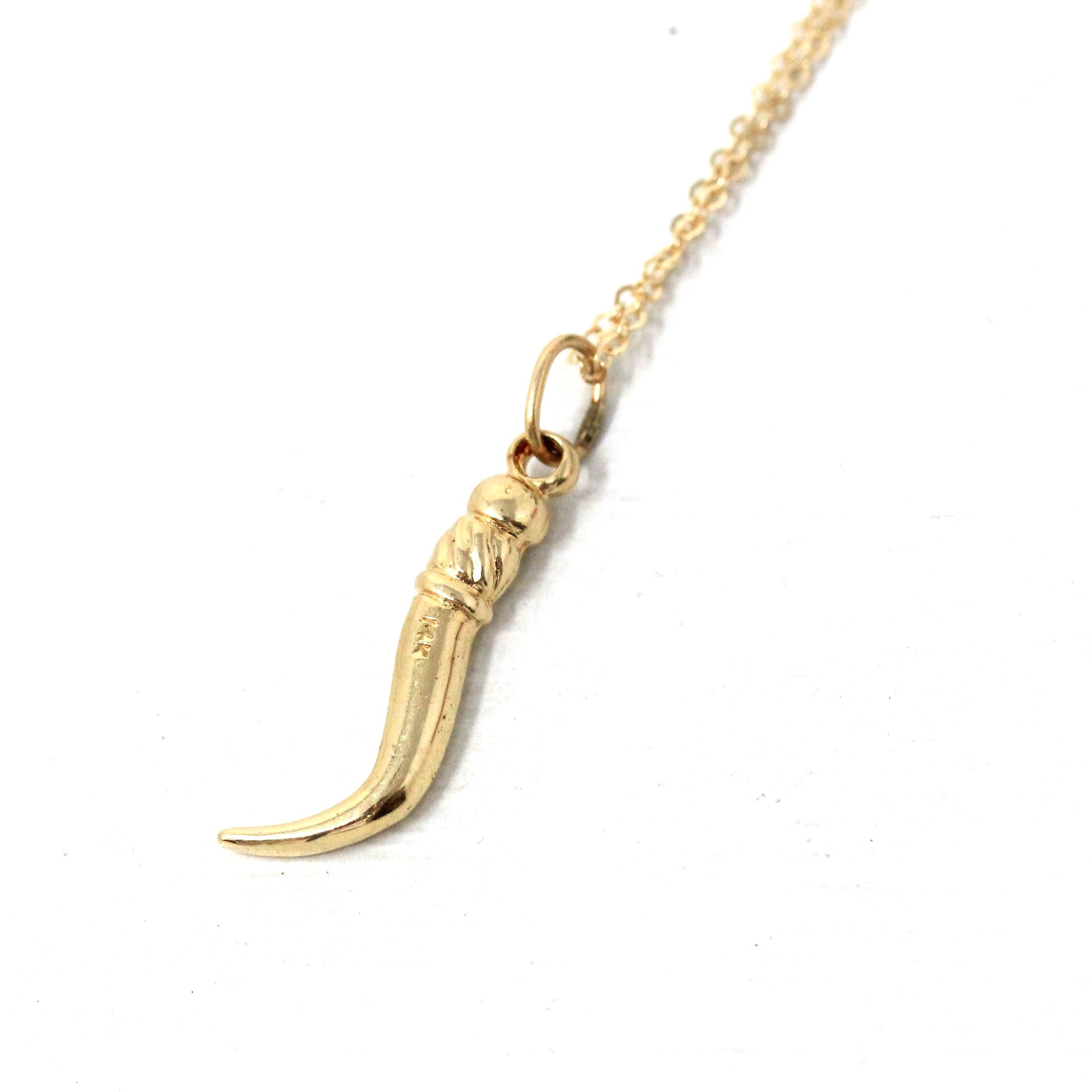 Italian Horn Pendant - Retro 14k Yellow Gold Italy Cornicello Good Luck Necklace Charm - Vintage Circa 1970s Ward Off Evil Amulet Jewelry