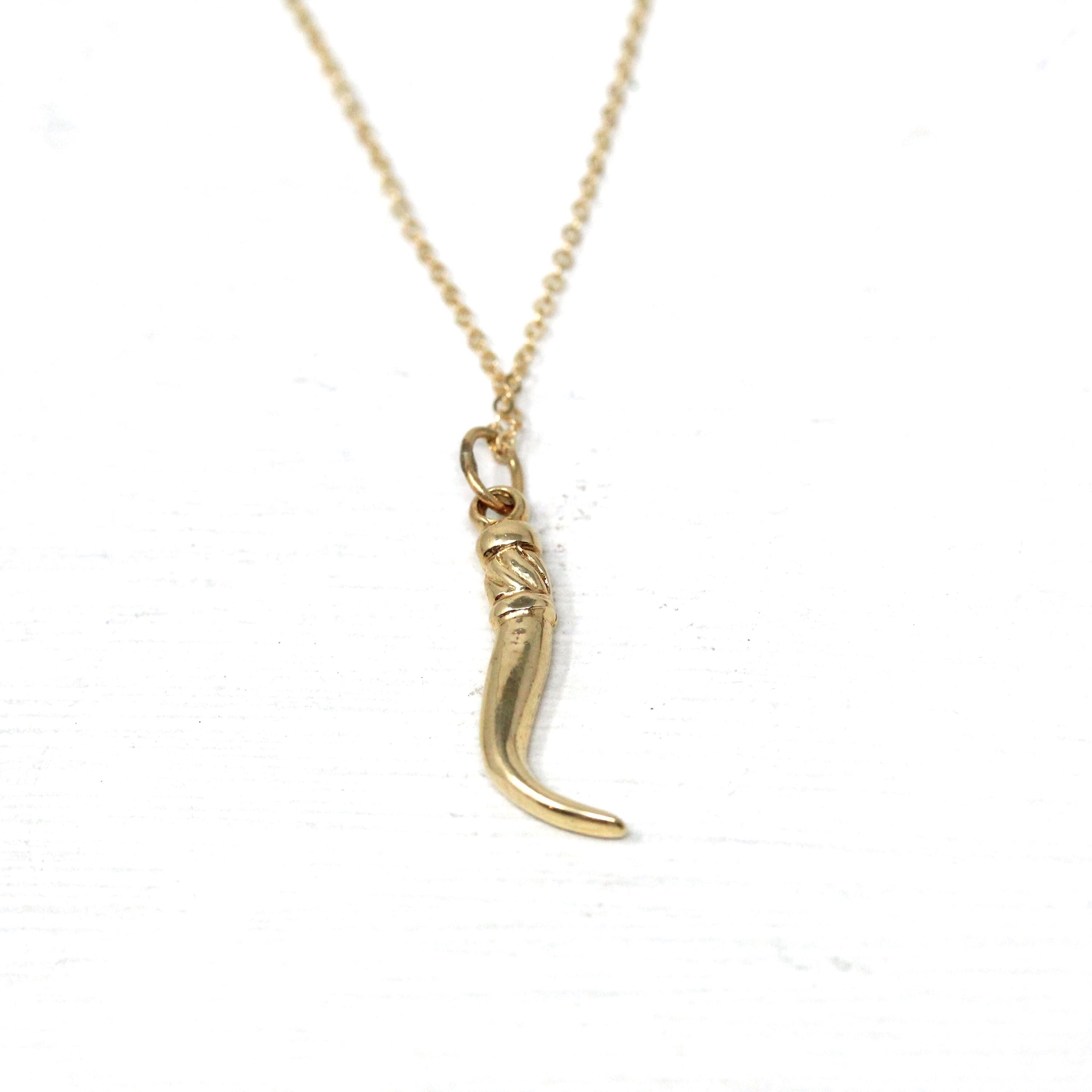 Italian Horn Pendant - Retro 14k Yellow Gold Italy Cornicello Good Luck Necklace Charm - Vintage Circa 1970s Ward Off Evil Amulet Jewelry