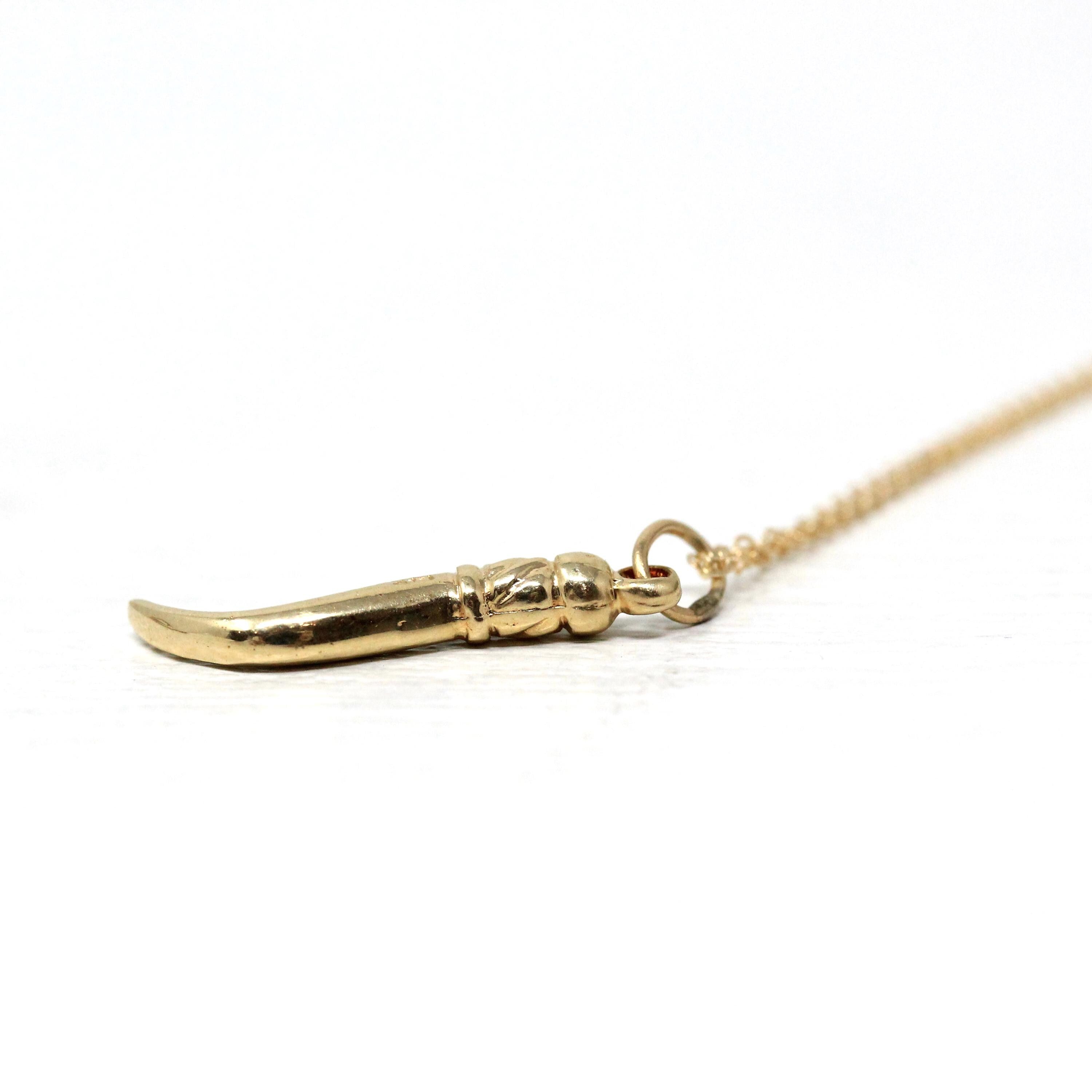 Italian Horn Pendant - Retro 14k Yellow Gold Italy Cornicello Good Luck Necklace Charm - Vintage Circa 1970s Ward Off Evil Amulet Jewelry