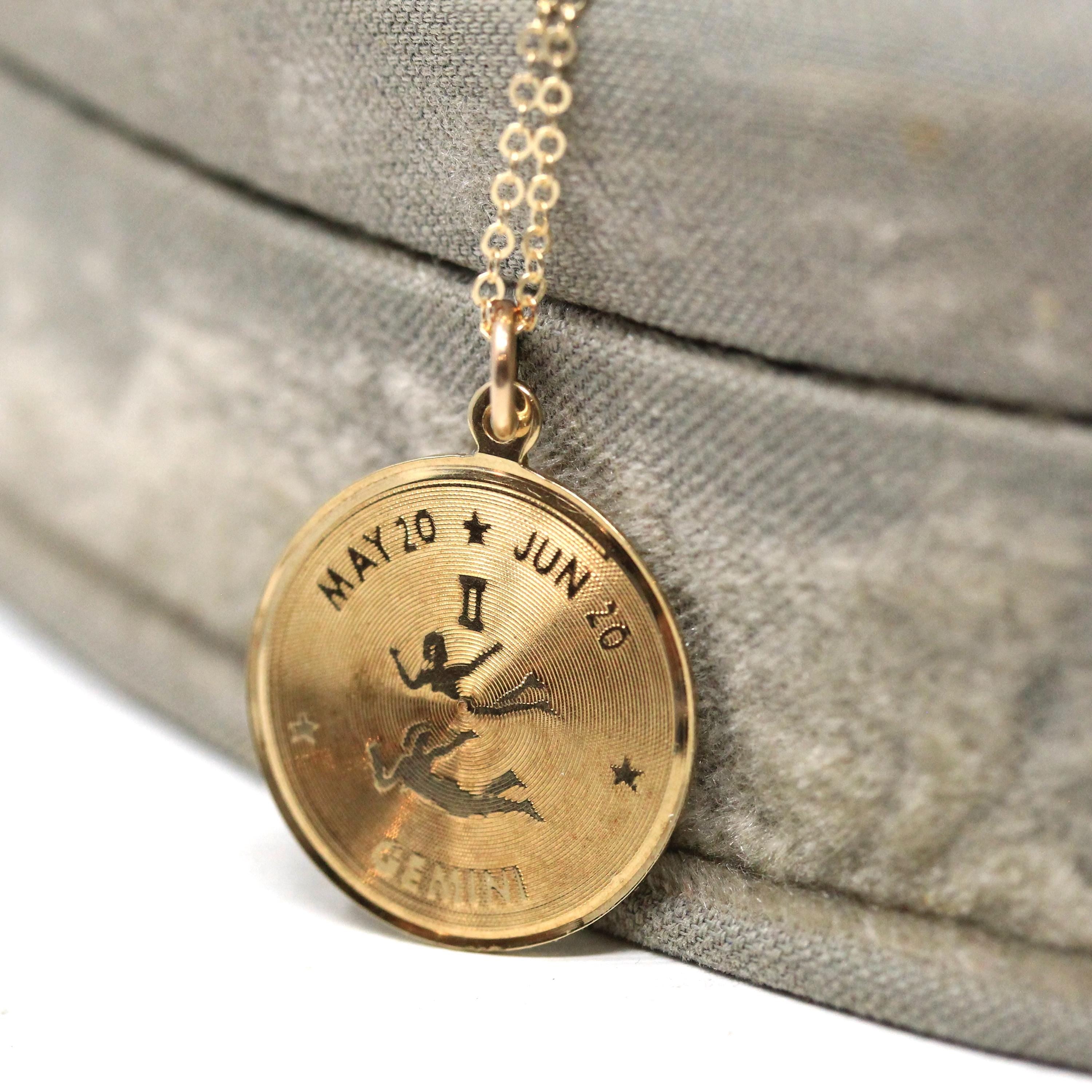Vintage Gemini Pendant - Retro 14k Yellow Gold Twin Astrological