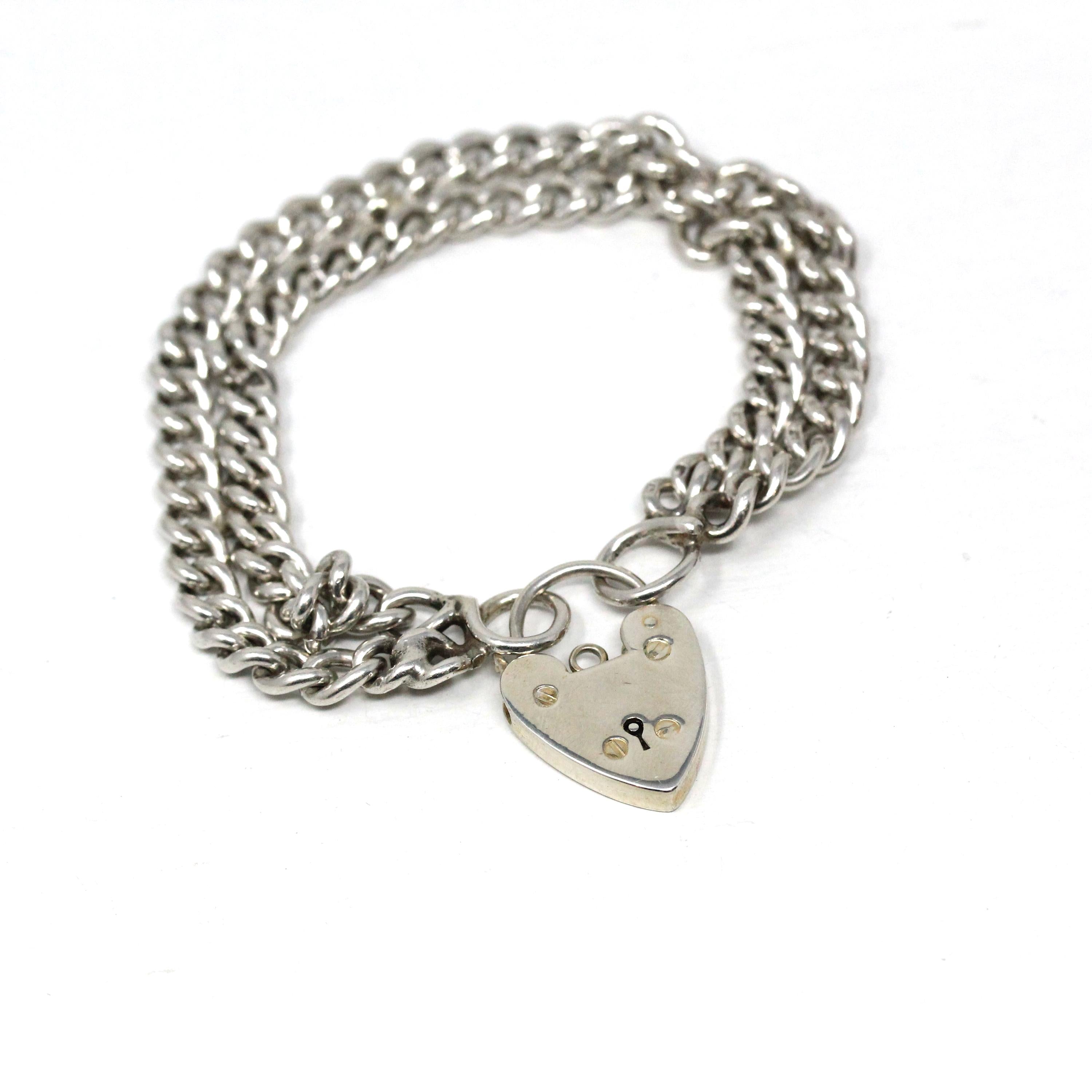 Vintage Padlock Bracelet - Retro Sterling Silver Two Tone Heart Charm English Linked Bracelet - Hallmarked 1965 Curb Link Chain Fine Jewelry