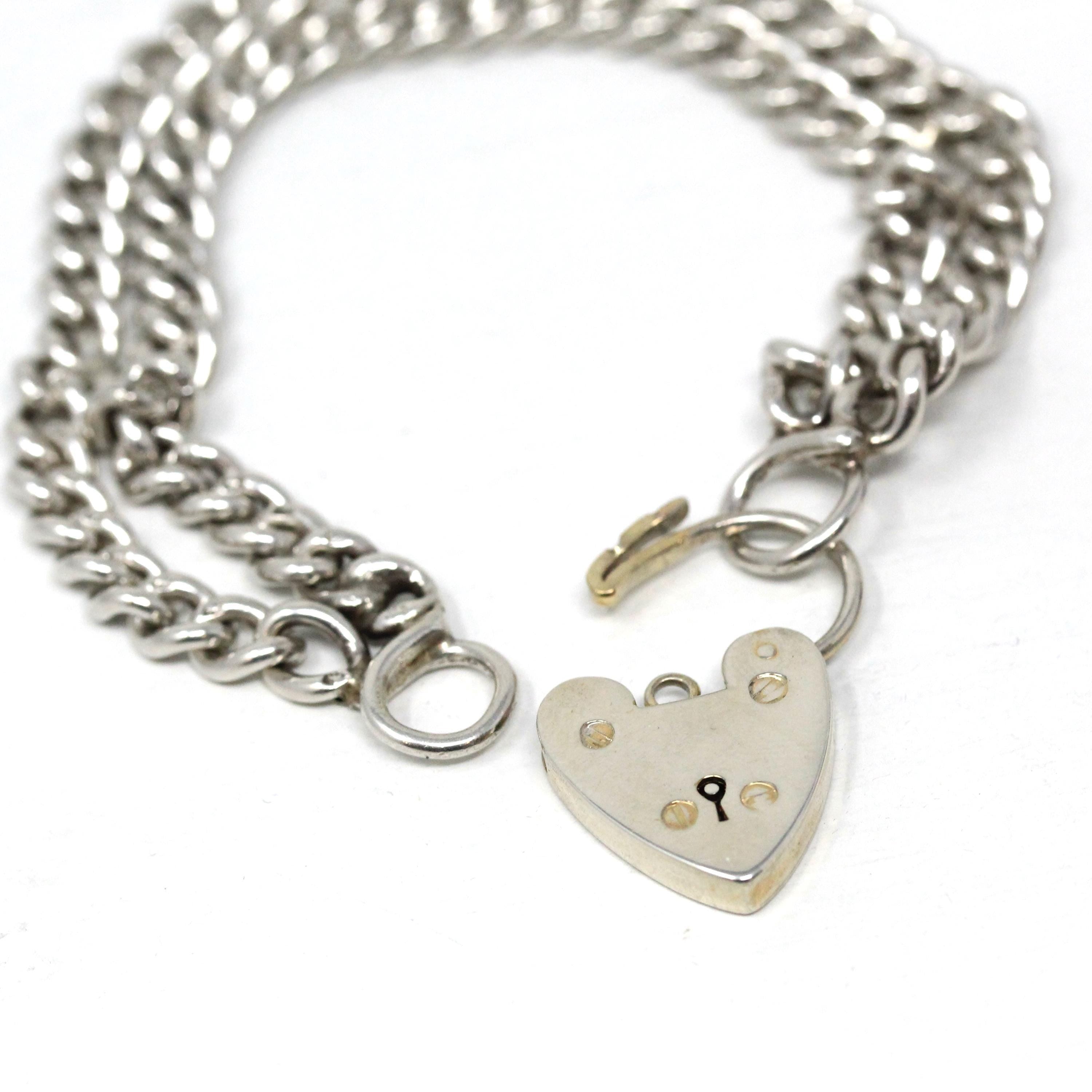 Vintage Padlock Bracelet - Retro Sterling Silver Two Tone Heart Charm English Linked Bracelet - Hallmarked 1965 Curb Link Chain Fine Jewelry