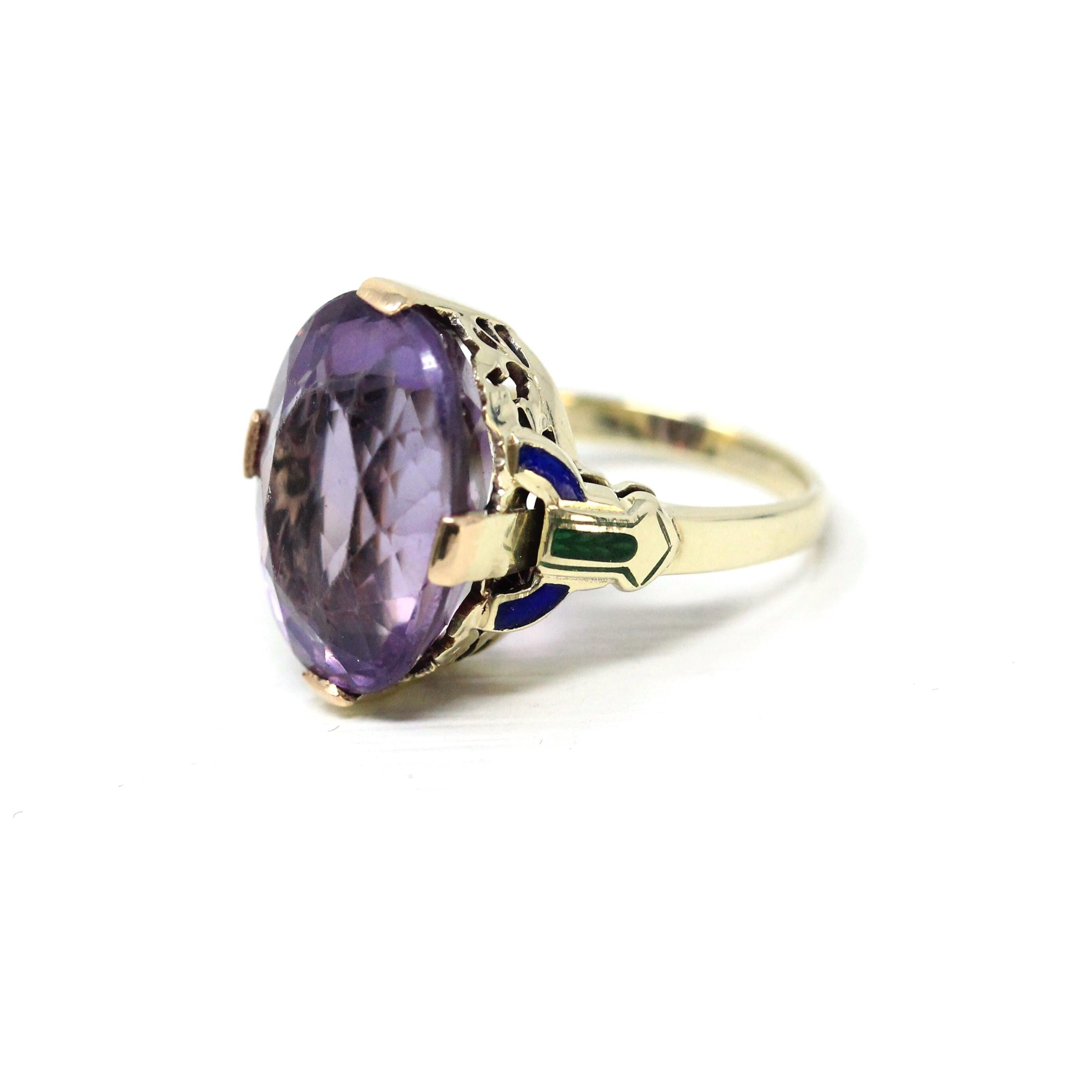Art Deco Amethyst Ring - Vintage 14k Yellow Gold Natural Purple Gemstone Statement - Circa 1930s Era Size 4 1/2 Enamel Flowers Fine Jewelry