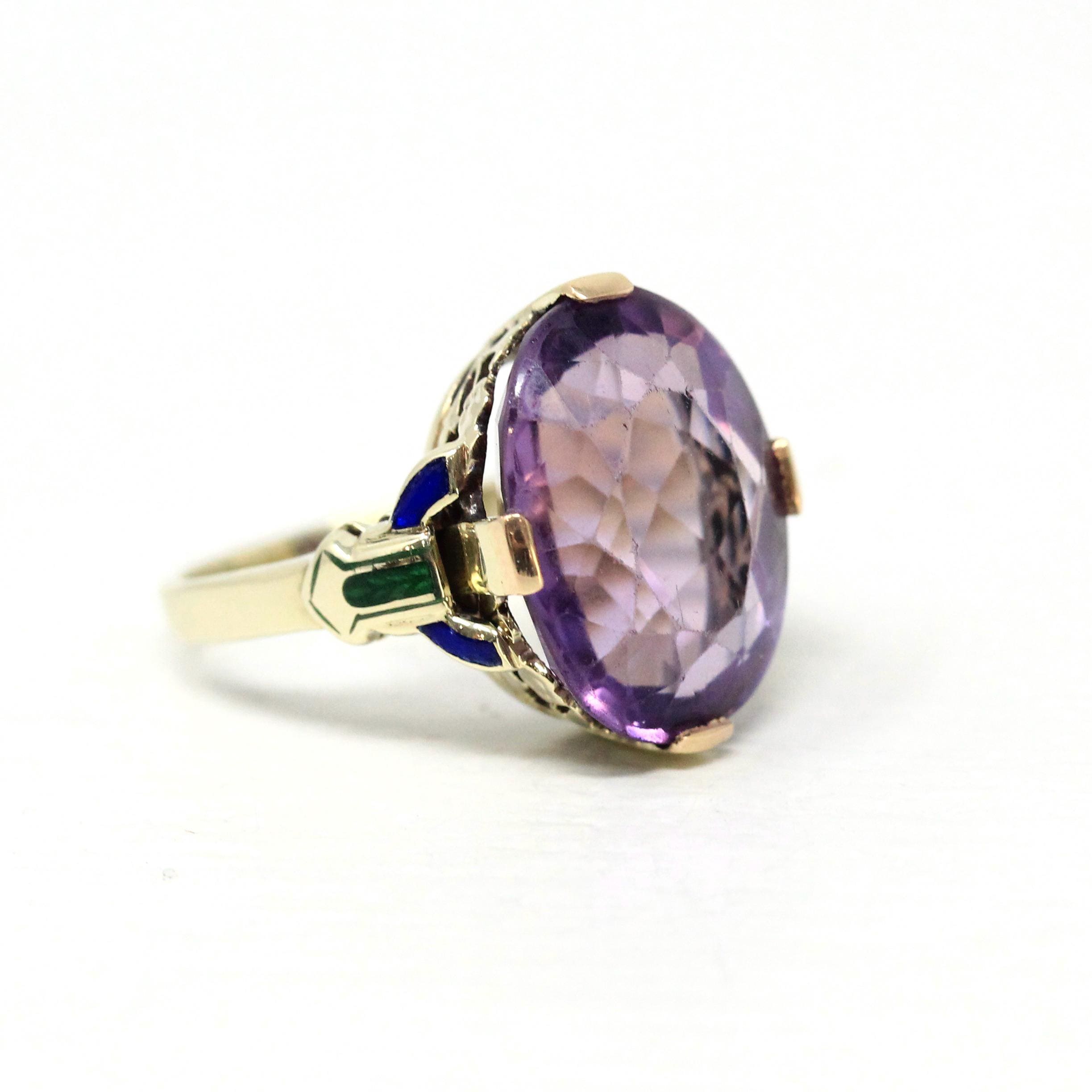 Art Deco Amethyst Ring - Vintage 14k Yellow Gold Natural Purple Gemstone Statement - Circa 1930s Era Size 4 1/2 Enamel Flowers Fine Jewelry