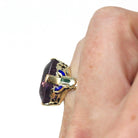Art Deco Amethyst Ring - Vintage 14k Yellow Gold Natural Purple Gemstone Statement - Circa 1930s Era Size 4 1/2 Enamel Flowers Fine Jewelry