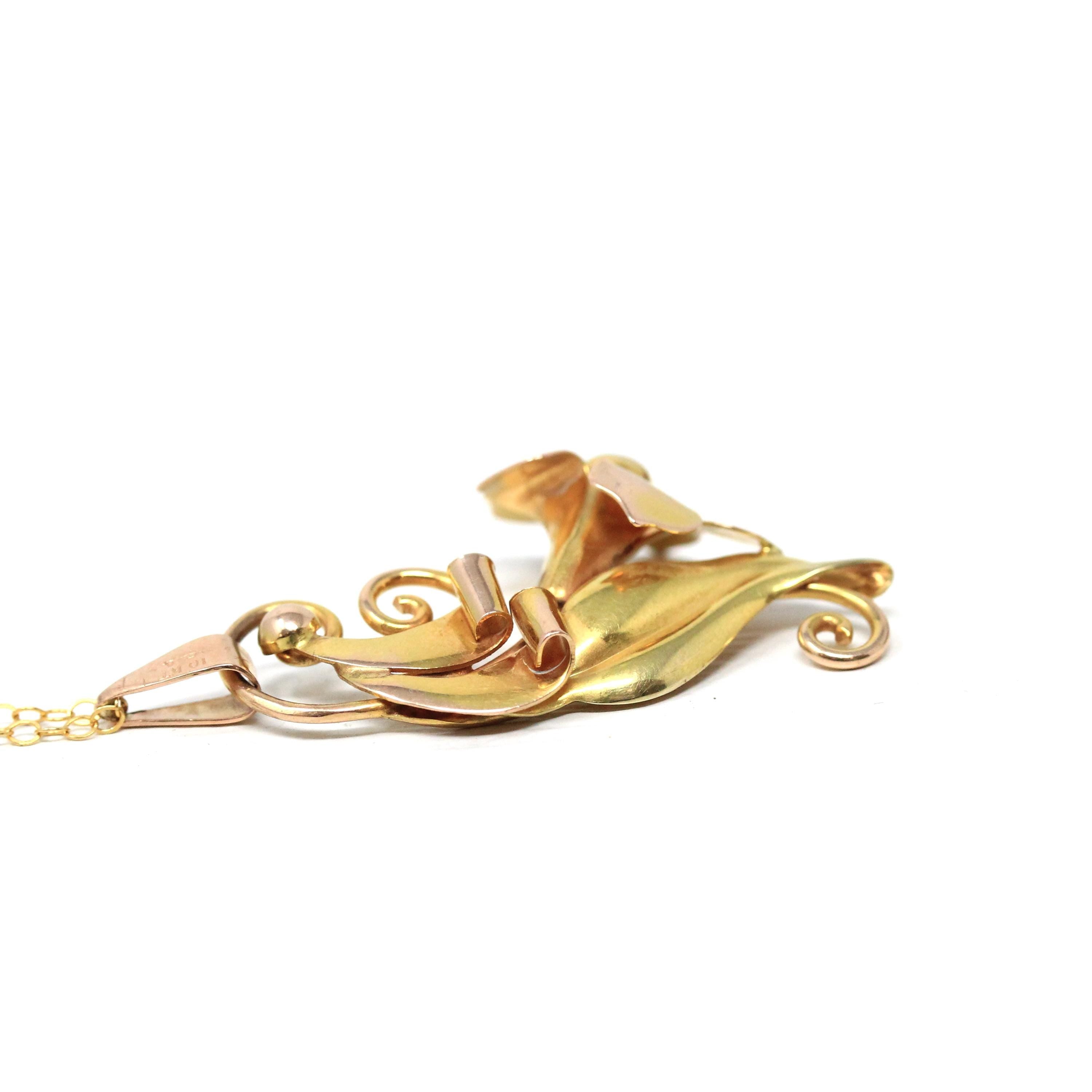 Vintage Flower Pendant - Retro 10k Two Tone Rose & Yellow Gold Necklace - Circa 1940s Era Trumpet Floral Carl Art Accessory Fine Jewelry