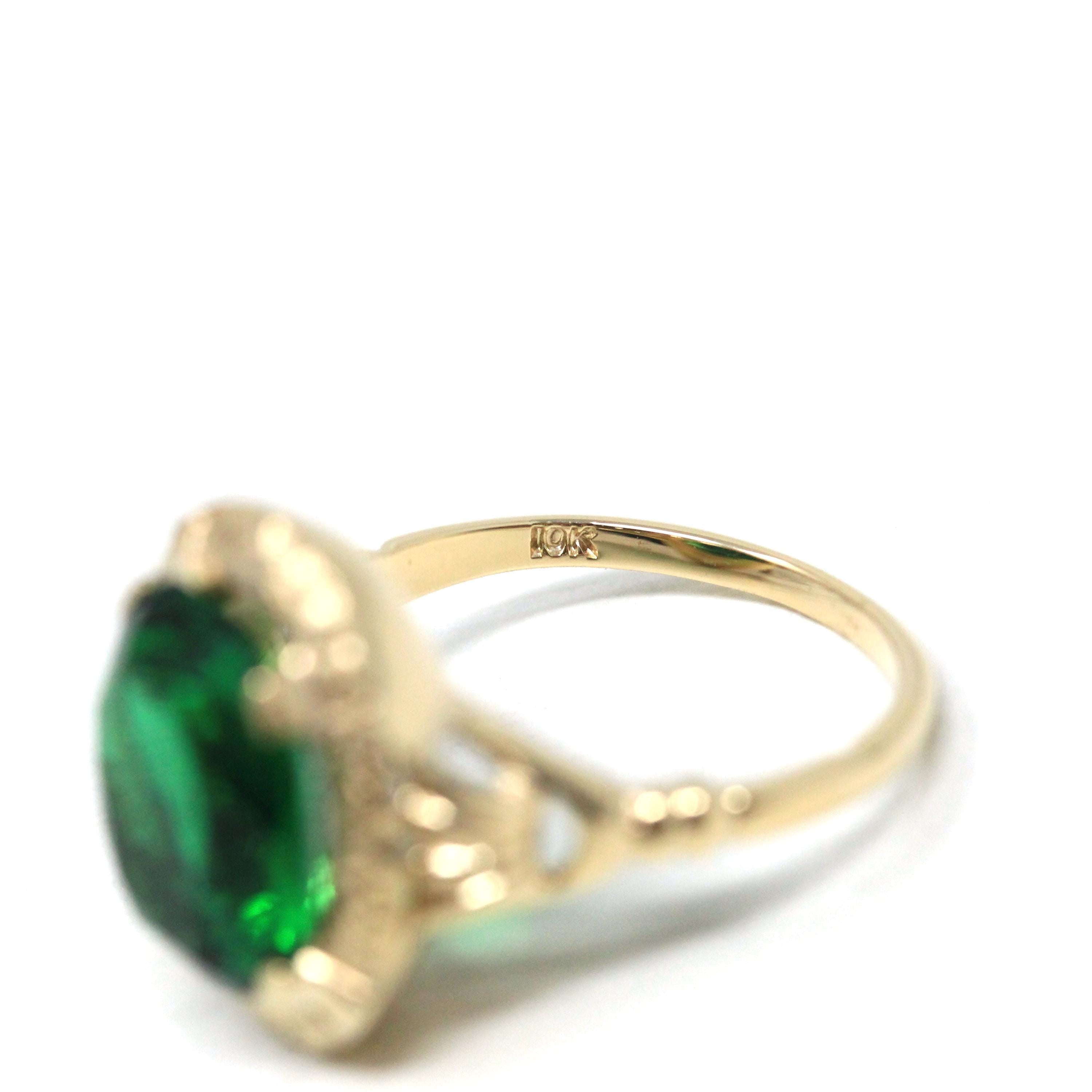 Simulated Emerald Ring - Retro Era 10k Yellow Gold Oval Faceted Green Glass Stone - Vintage 1940s Size 5 3/4 Fine May Birthstone Jewelry