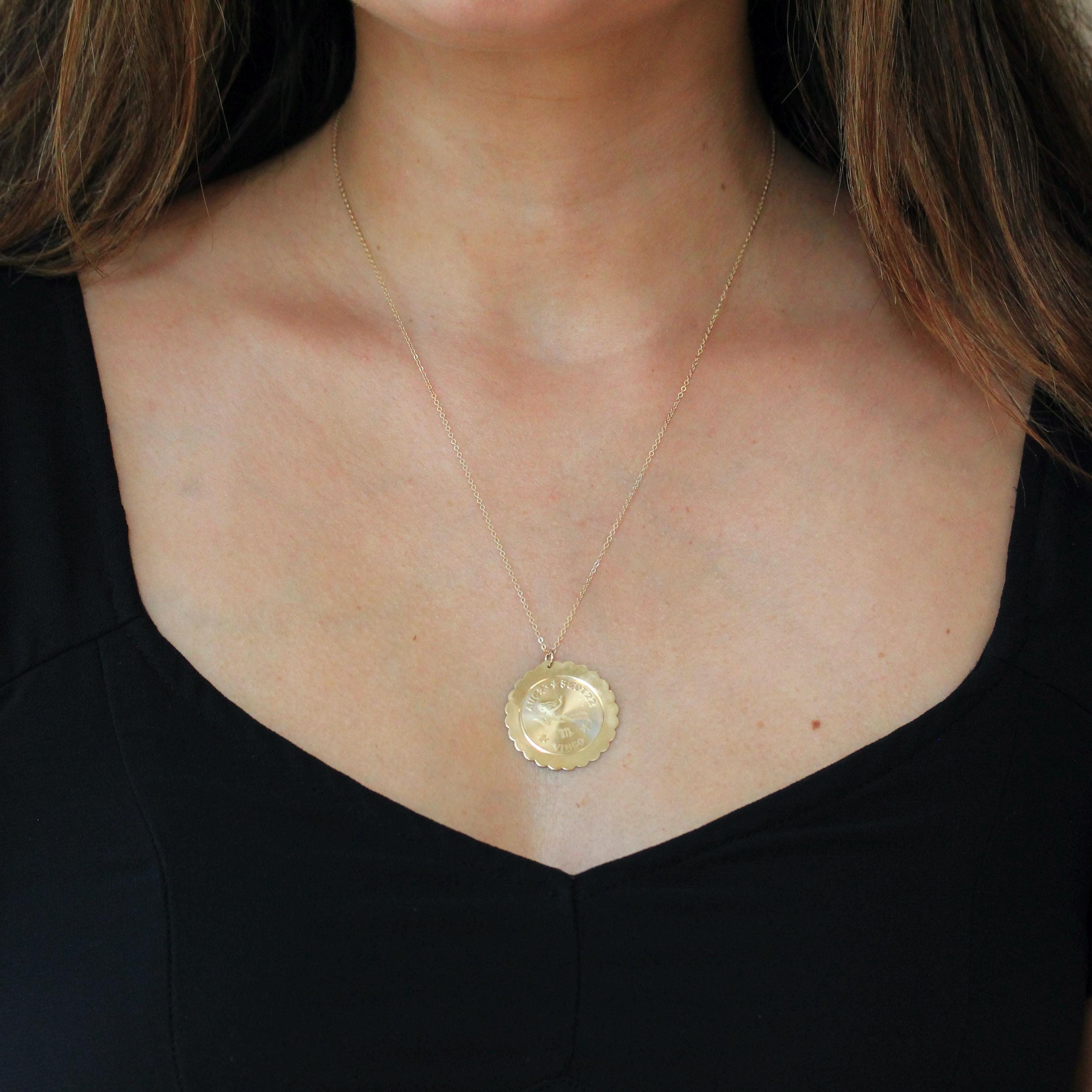 Vintage Virgo Pendant - Retro 14k Yellow Gold Maiden Astrological Sign Charm Necklace - Circa 1970s Zodiac Celestial Earth Element Jewelry