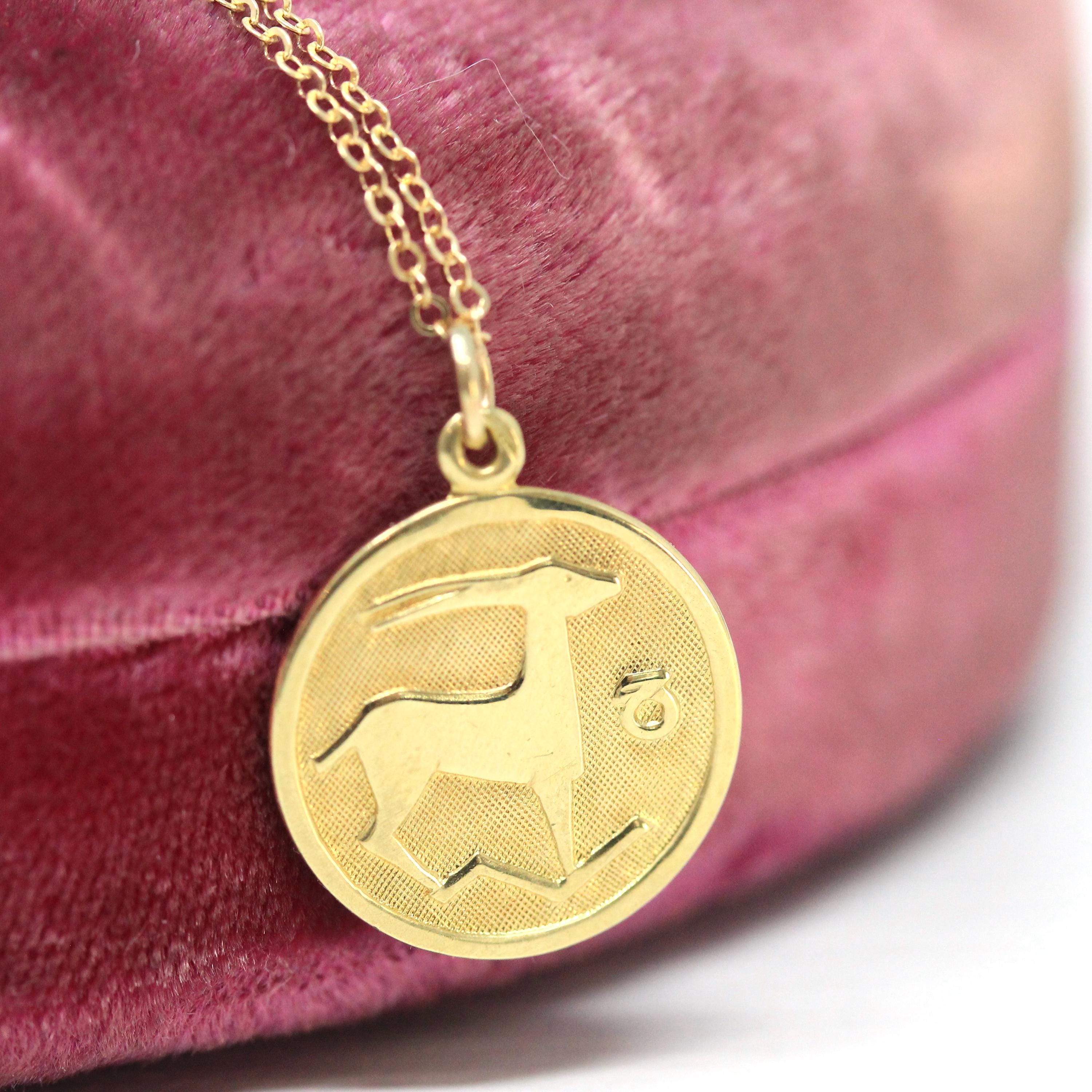 Estate Capricorn Charm - Modern 14k Yellow Gold Sea Goat Astrological Sign Necklace - Circa 2000's Zodiac Celestial Earth Element Jewelry