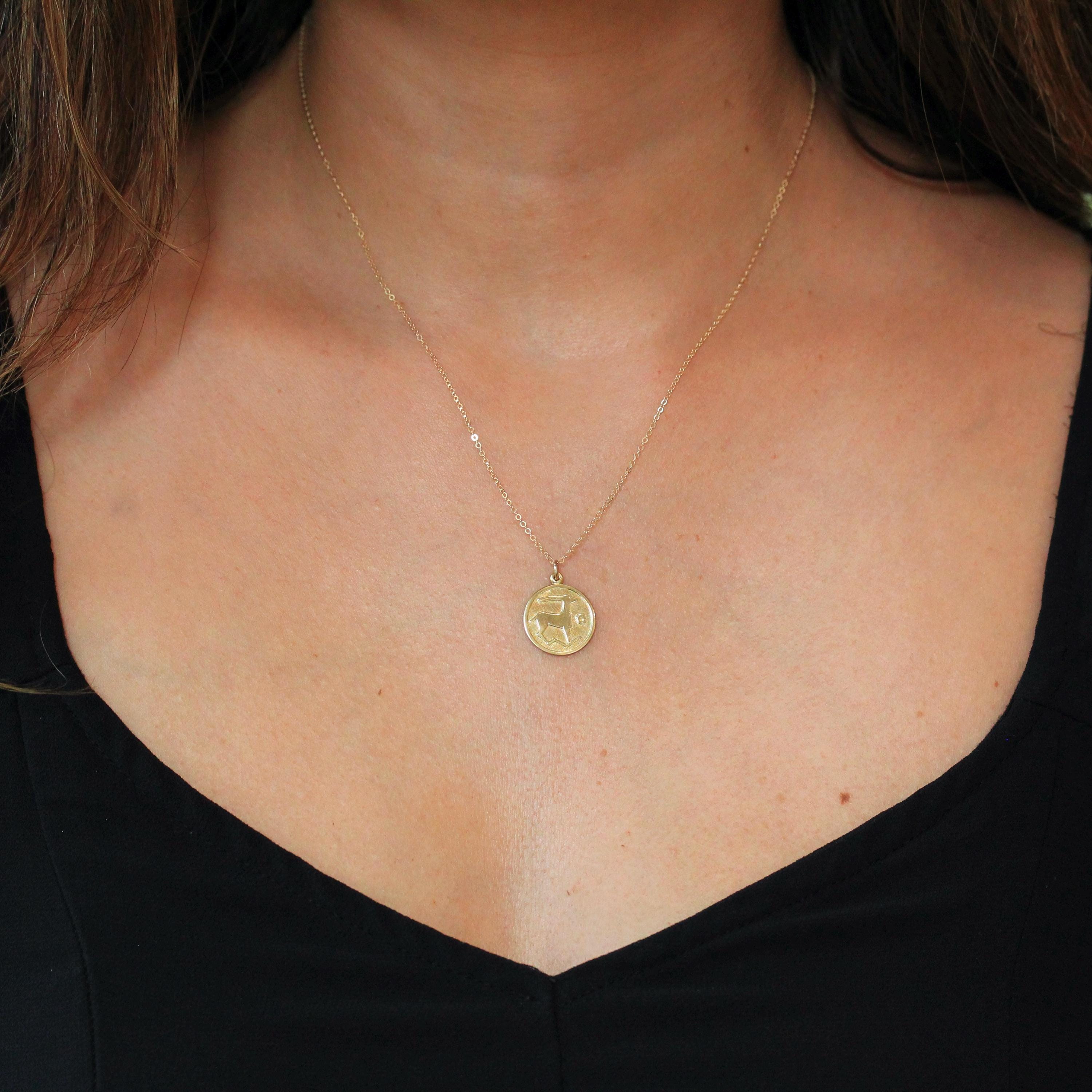 Estate Capricorn Charm - Modern 14k Yellow Gold Sea Goat Astrological Sign Necklace - Circa 2000's Zodiac Celestial Earth Element Jewelry