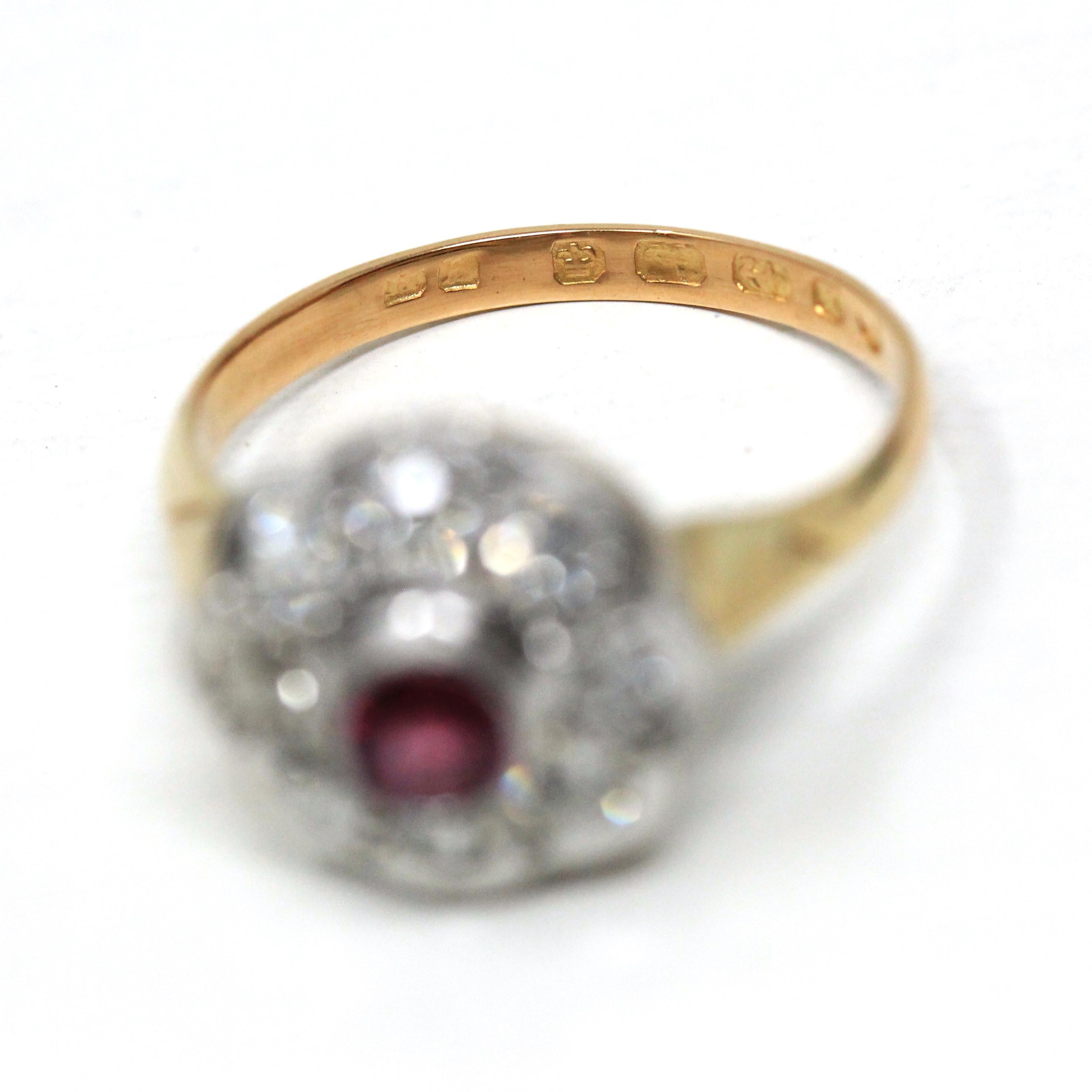 Art Deco Halo Ring - Antique 18k 10k Yellow White Gold Ruby Diamond Engagement - Vintage Hallmarked Birmingham 1922 Cluster Fine 20s Jewelry