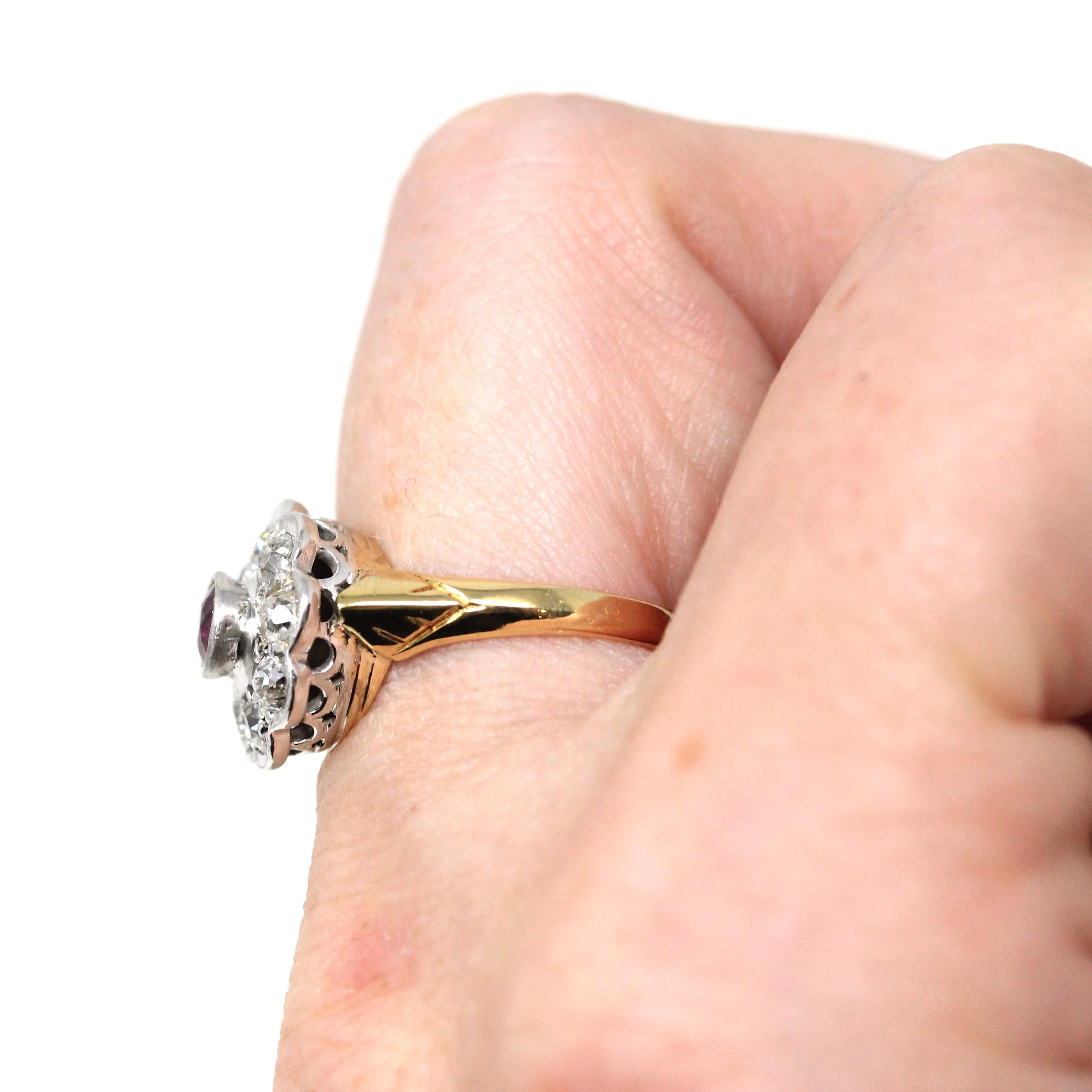 Art Deco Halo Ring - Antique 18k 10k Yellow White Gold Ruby Diamond Engagement - Vintage Hallmarked Birmingham 1922 Cluster Fine 20s Jewelry