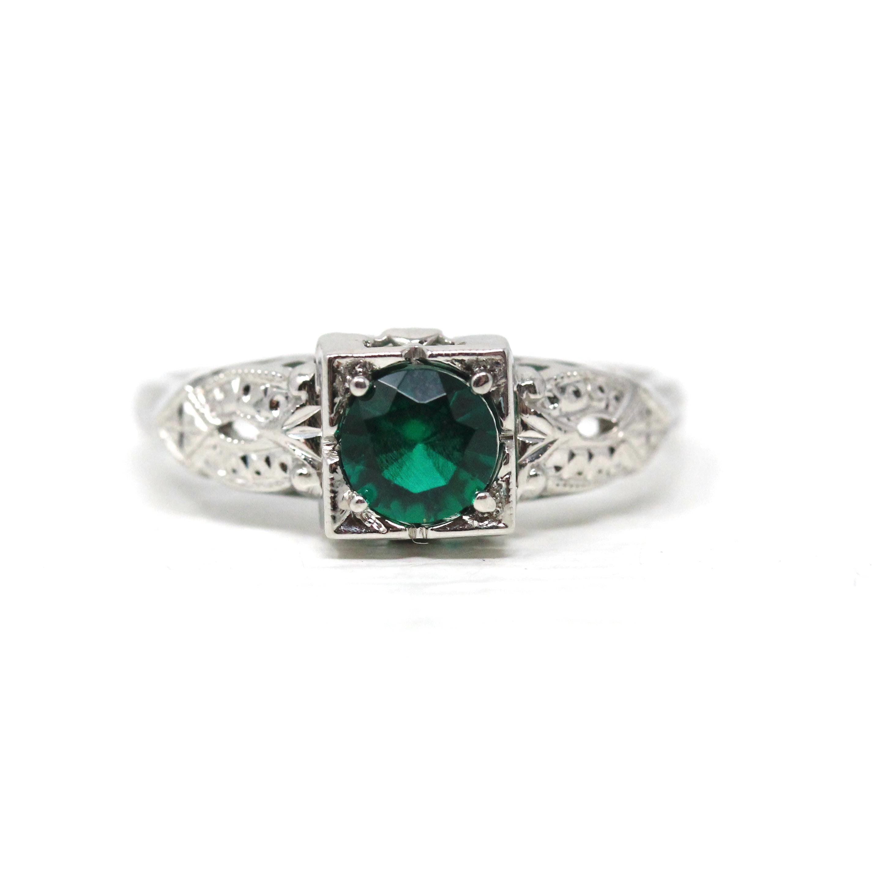 Mid Century Ring - Vintage 14k White Gold Square Set Round Created Emerald Gemstone - Circa 1950s Era Size 6 3/4 Green Gem Fine 50s Jewelry