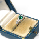 Mid Century Ring - Vintage 14k White Gold Square Set Round Created Emerald Gemstone - Circa 1950s Era Size 6 3/4 Green Gem Fine 50s Jewelry