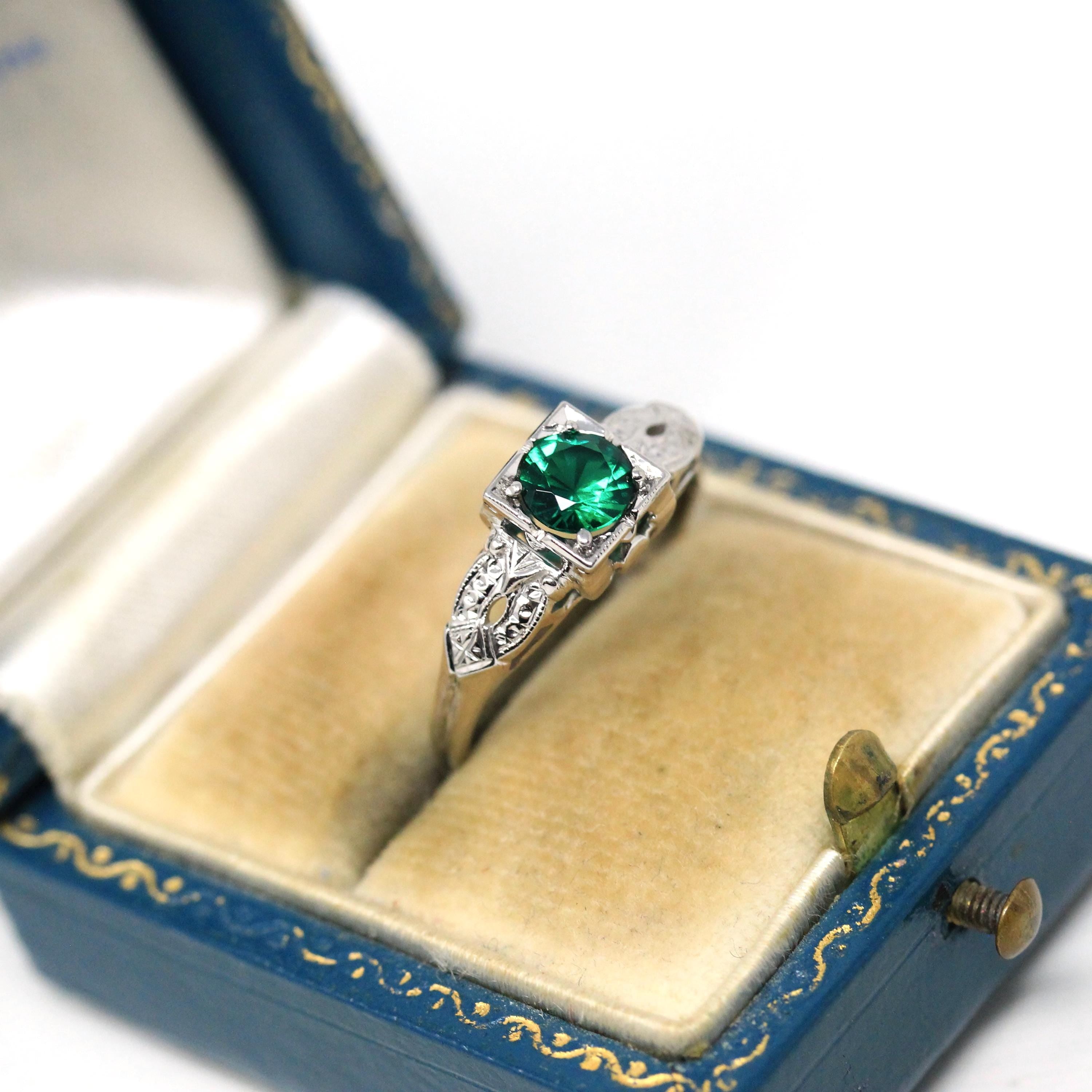 Mid Century Ring - Vintage 14k White Gold Square Set Round Created Emerald Gemstone - Circa 1950s Era Size 6 3/4 Green Gem Fine 50s Jewelry