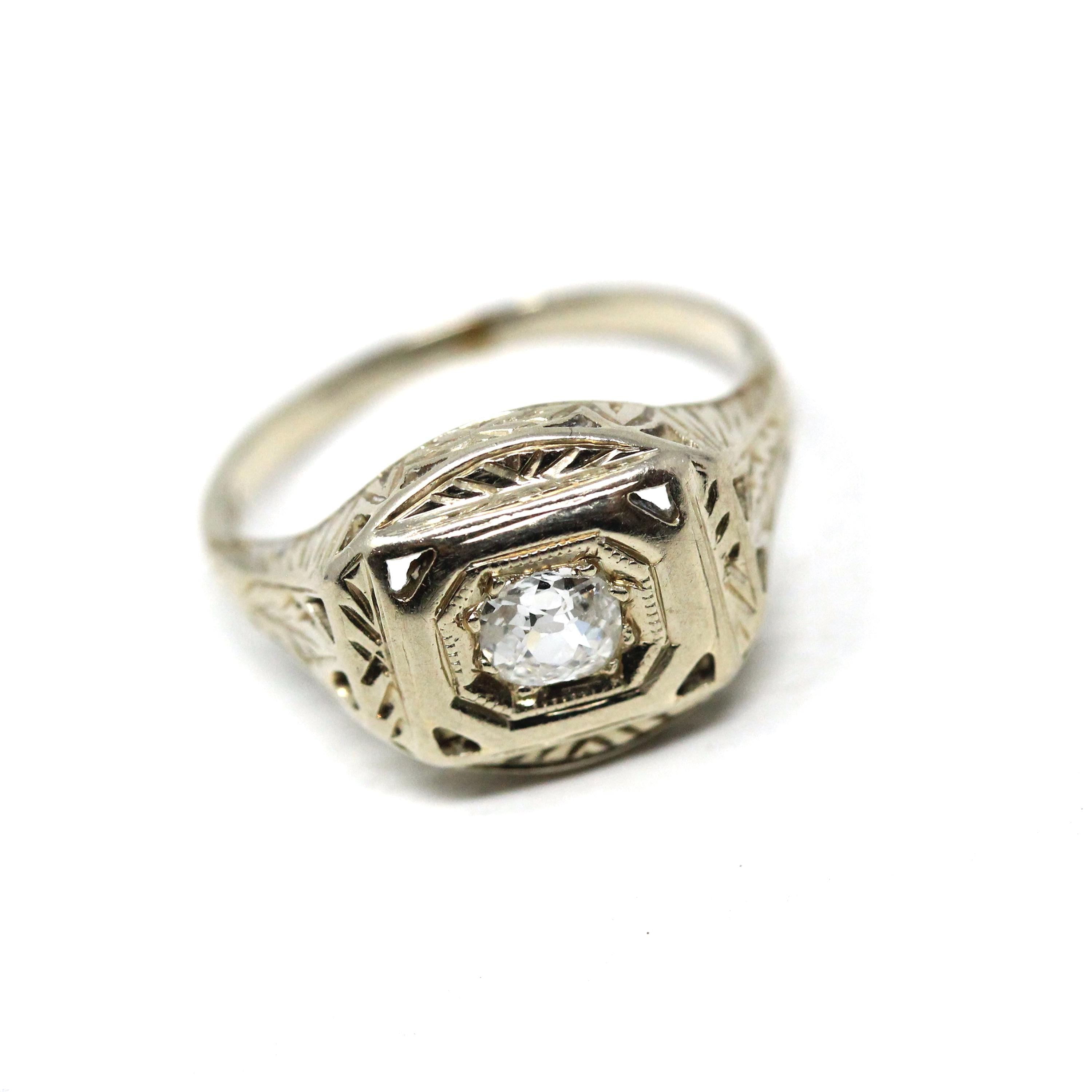 Old Mine Cut Diamond Ring - Art Deco Era 14k White Gold .20 CT Natural Gem - Vintage Circa 1930s Size 3.5 Engraved Fine Bridal Jewelry