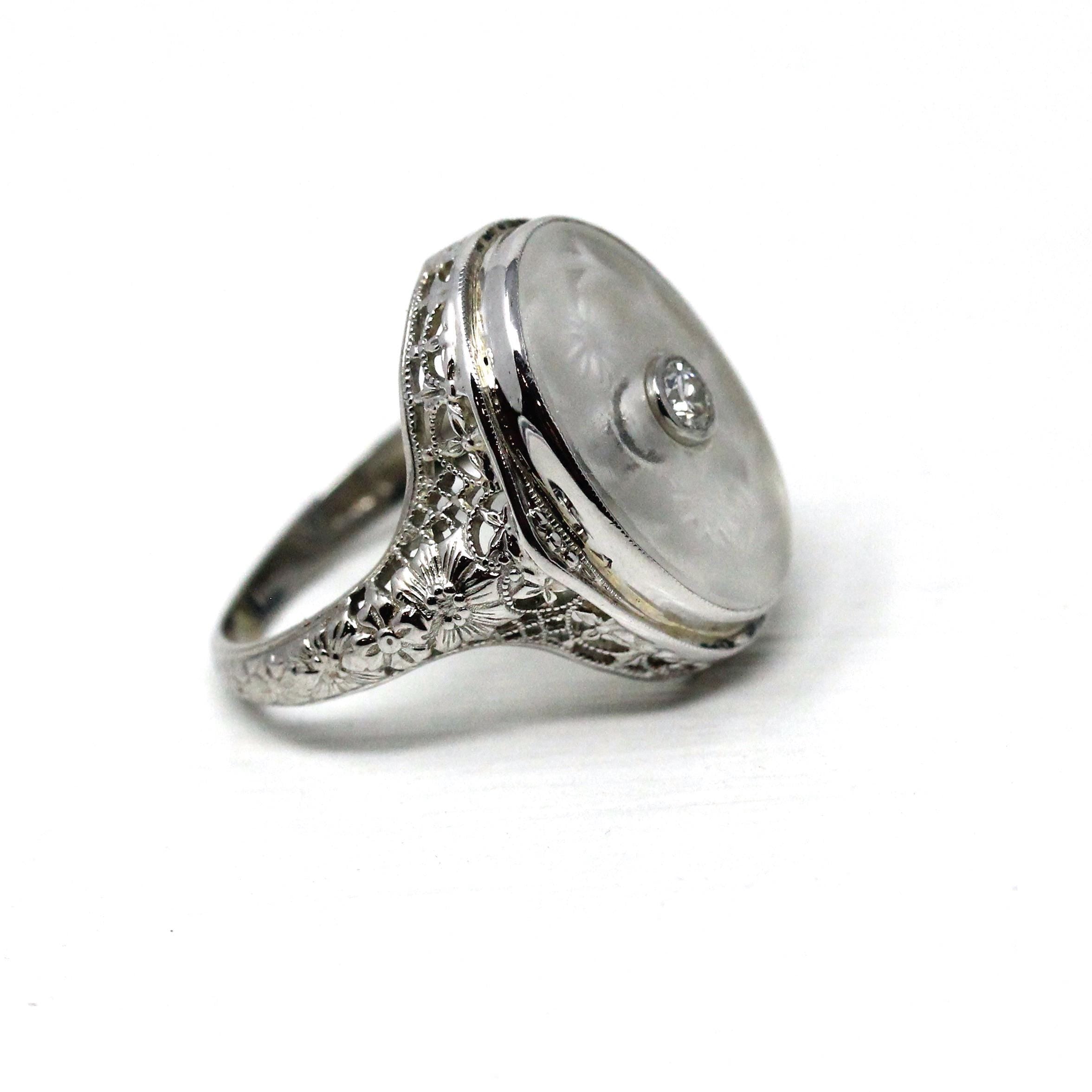 Rock Crystal Quartz Ring - Vintage 18k White Gold Filigree Diamond Statement - Art Deco 1930s Size 4 1/2 Camphor Glass Style Fine Jewelry