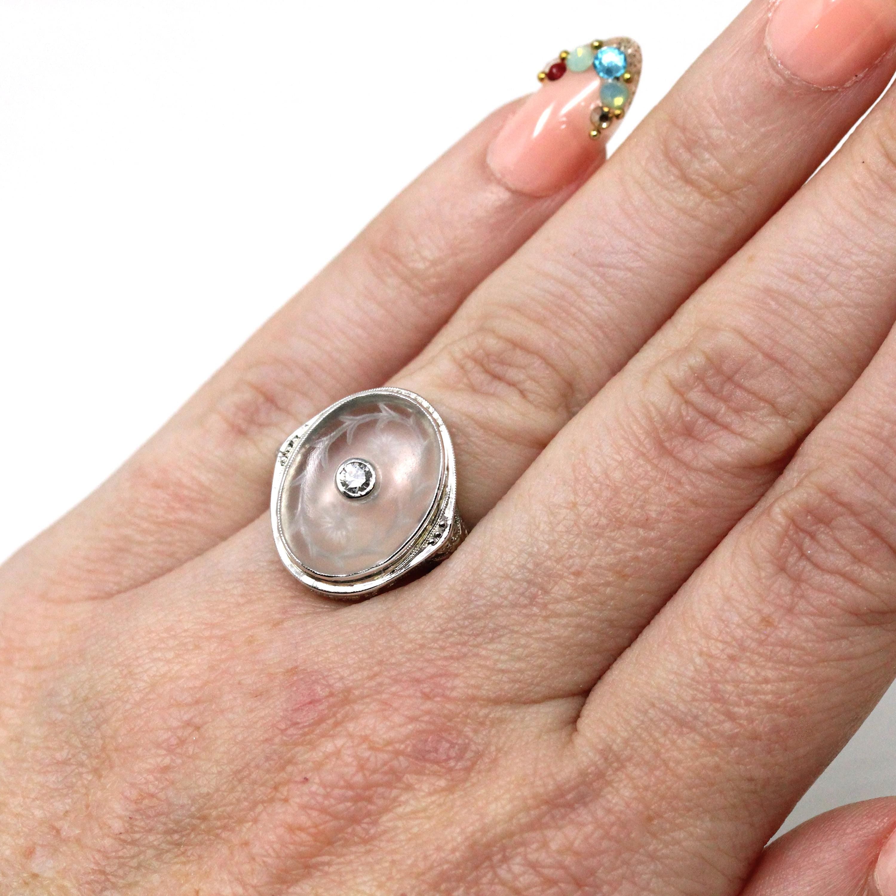 Rock Crystal Quartz Ring - Vintage 18k White Gold Filigree Diamond Statement - Art Deco 1930s Size 4 1/2 Camphor Glass Style Fine Jewelry