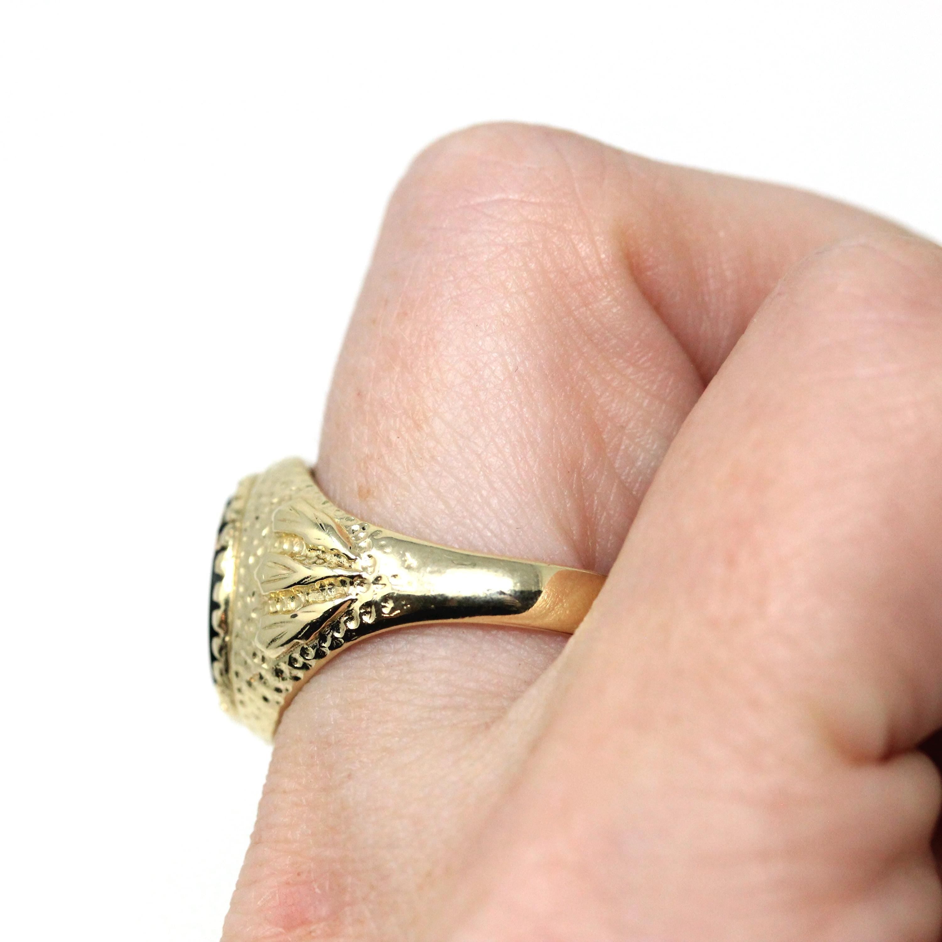 Onyx Signet Ring - English 9k Yellow Gold Oval Black Chalcedony