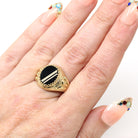 Onyx Signet Ring - English 9k Yellow Gold Oval Black Chalcedony Gem - Size 9 3/4 Hallmarked 1989 Unisex Statement Fine Diagonal Line Jewelry