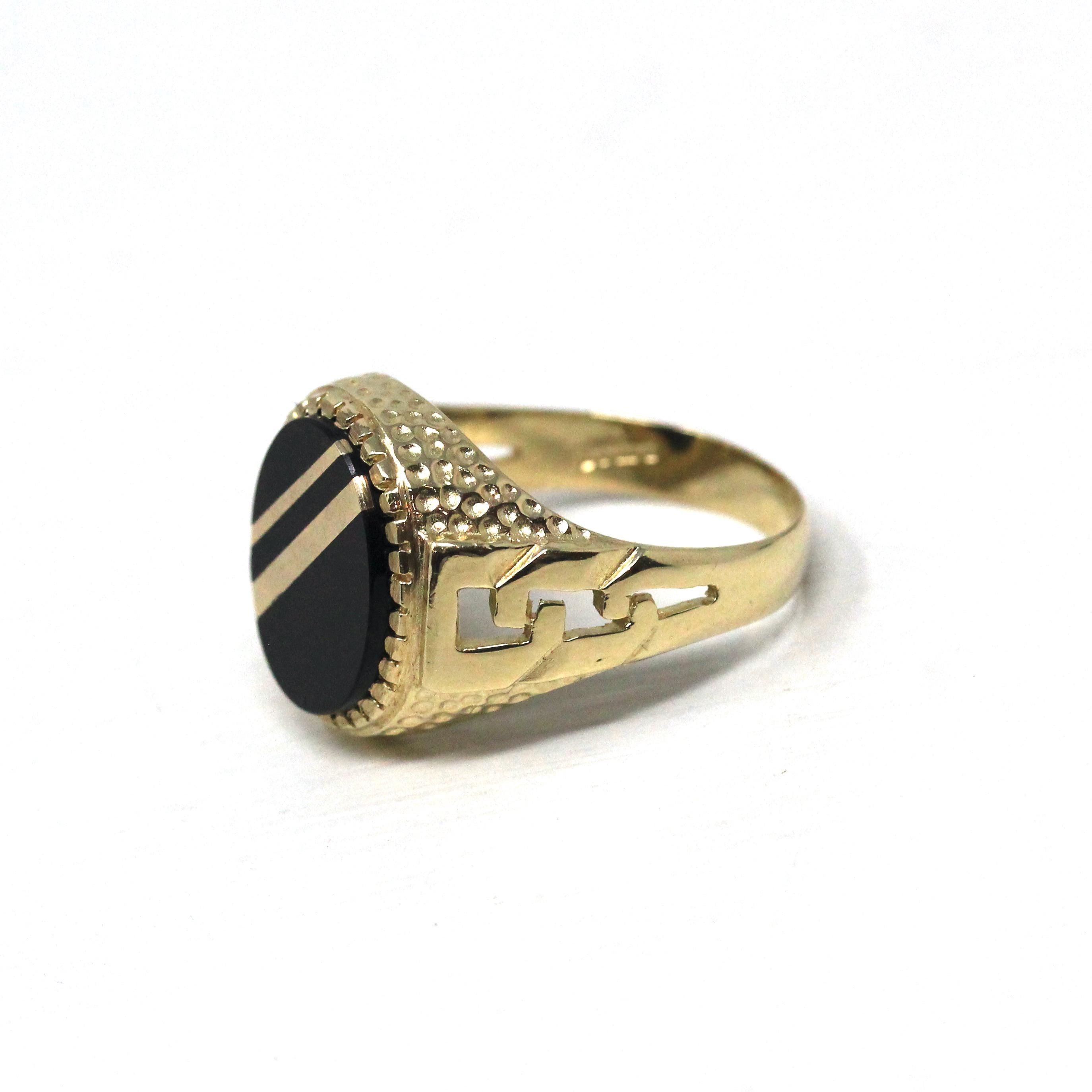Onyx Signet Ring - English 9k Yellow Gold Oval Black Chalcedony Gem - Size 9 Vintage Unisex Statement Fine Greek Key Diagonal Line Jewelry
