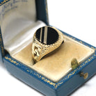 Onyx Signet Ring - English 9k Yellow Gold Oval Black Chalcedony Gem - Size 9 Vintage Unisex Statement Fine Greek Key Diagonal Line Jewelry