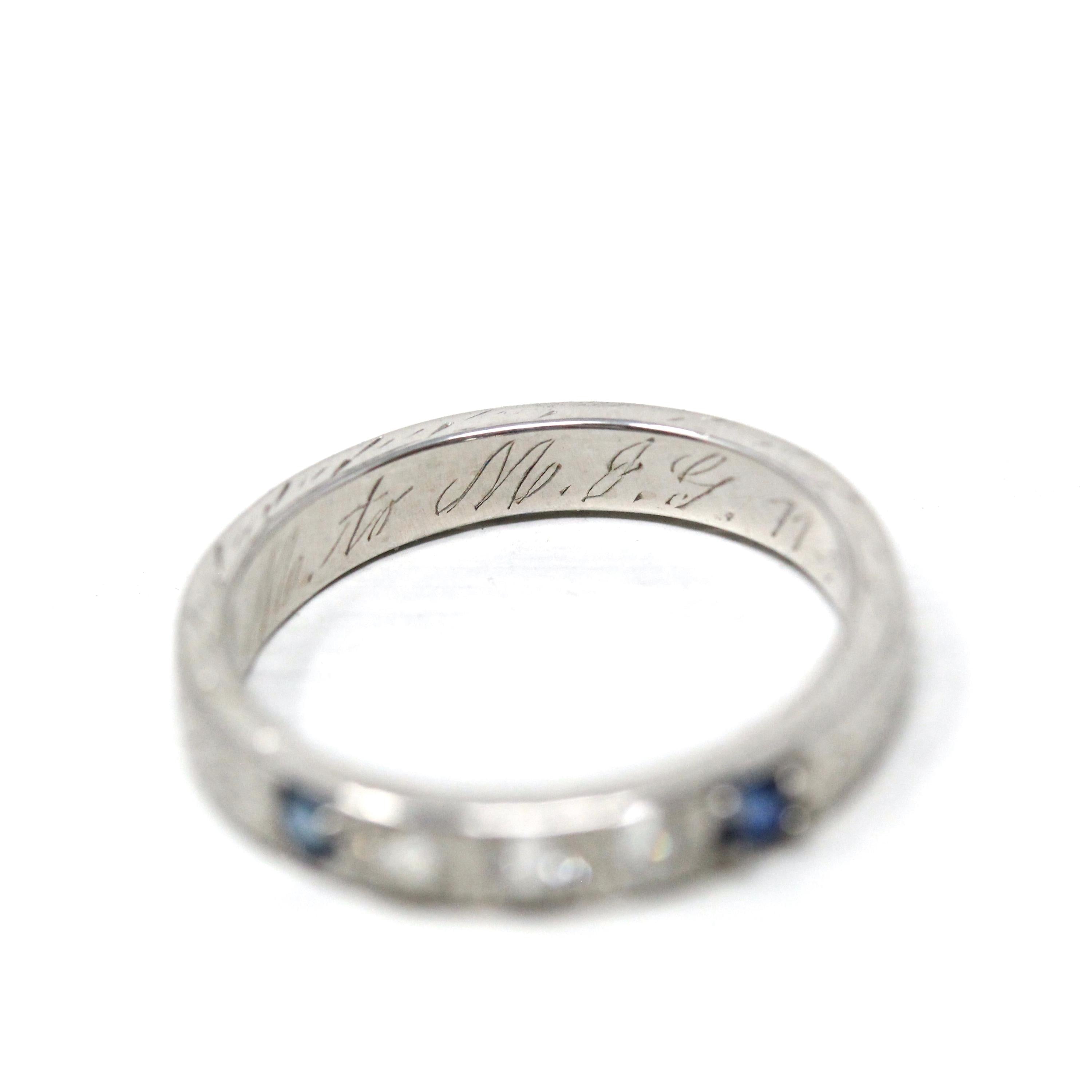 Sapphire & Diamond Band - Art Deco 1925 18k White Gold Eternity Style Wheat Engraving Ring - Dated 1920s Size 5 3/4 Fine Bridal Jewelry