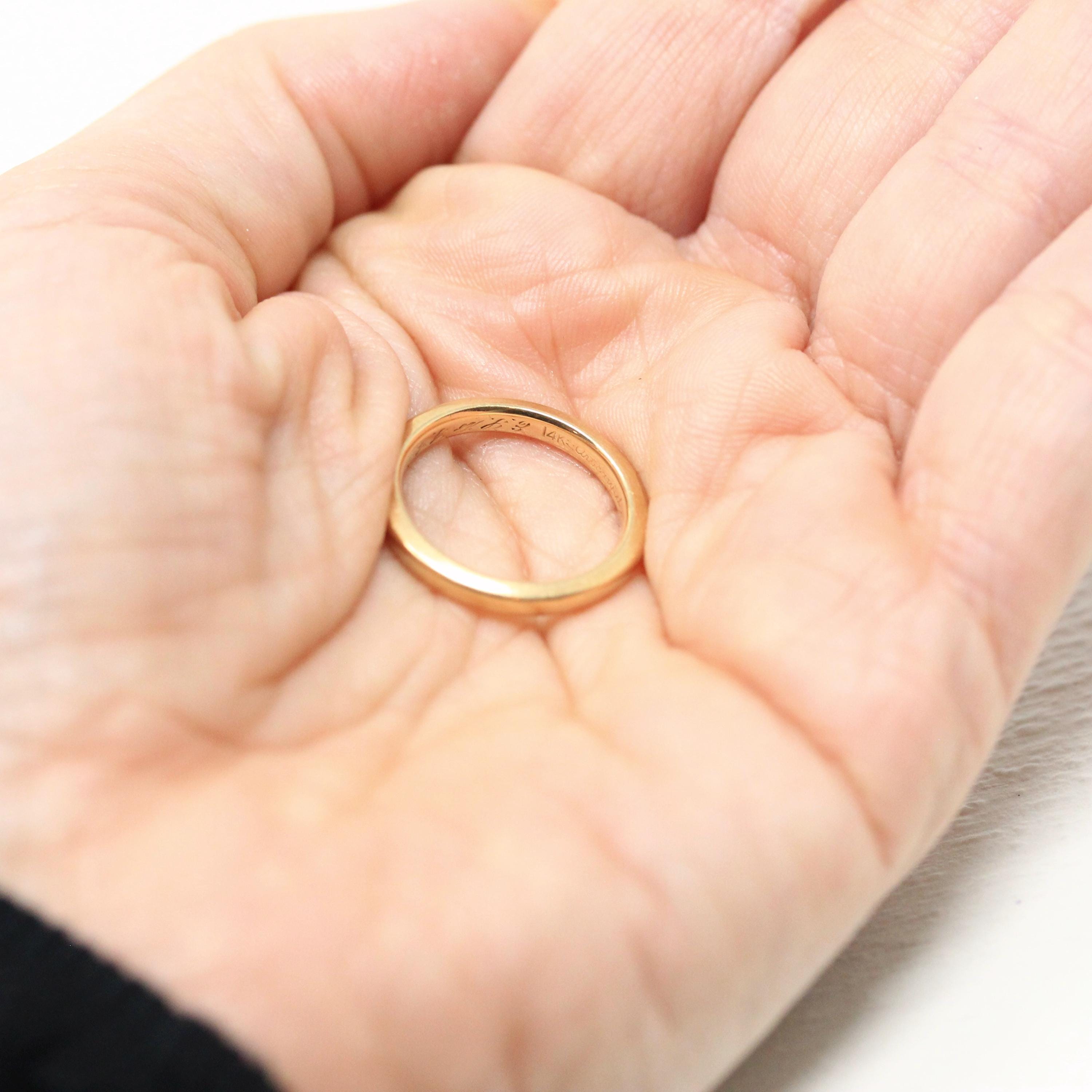 Vintage Wedding Band - Mid Century Era 14k Yellow Gold Plain Circa 1950s Ring - Size 4.5 Signed Art Carved J.R. Wood Bridal Fine 50s Jewelry