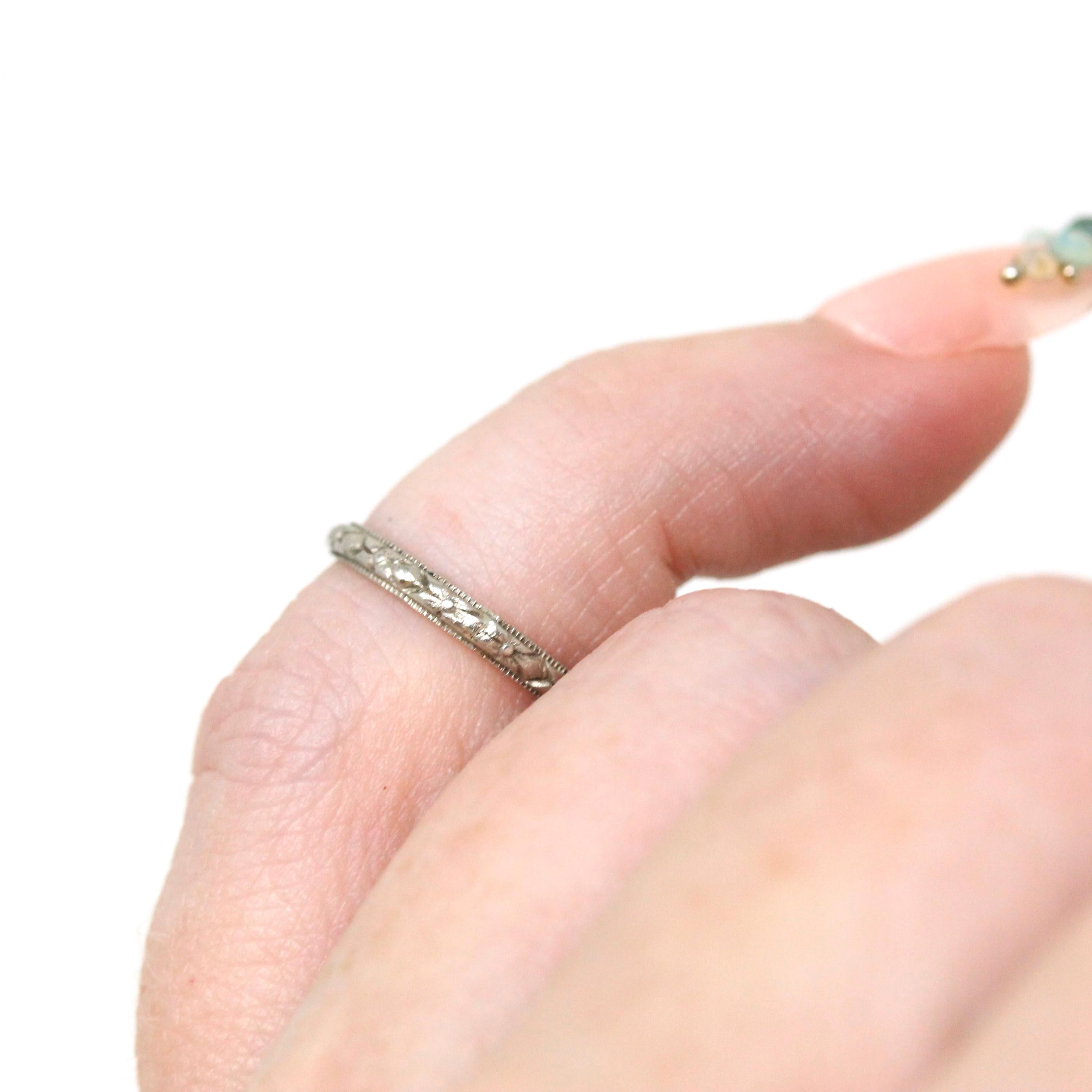 Vintage Baby Band - Art Deco 10k White Gold Orange Blossom Eternity Patterned Ring - Circa 1930s Era Size 1/2 Dainty Fine 30s Fine Jewelry