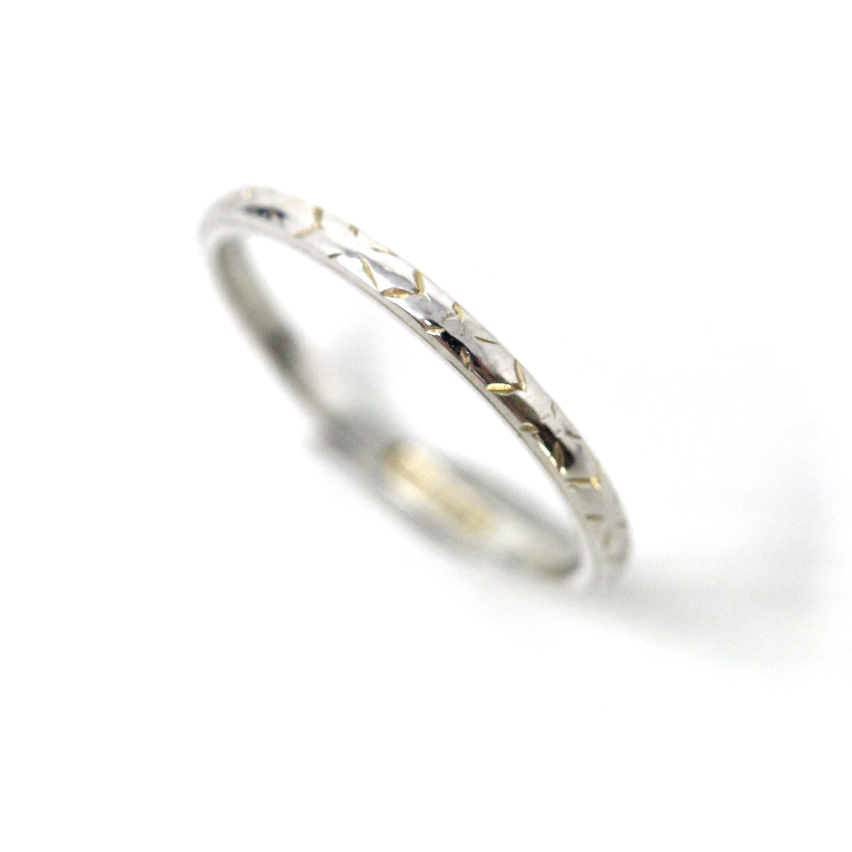 Antique Wedding Band - Art Deco Era 18k White Gold Faint Engraved Design Ostby & Barton Ring - Circa 1923 Size 5 3/4 Bridal Fine 20s Jewelry