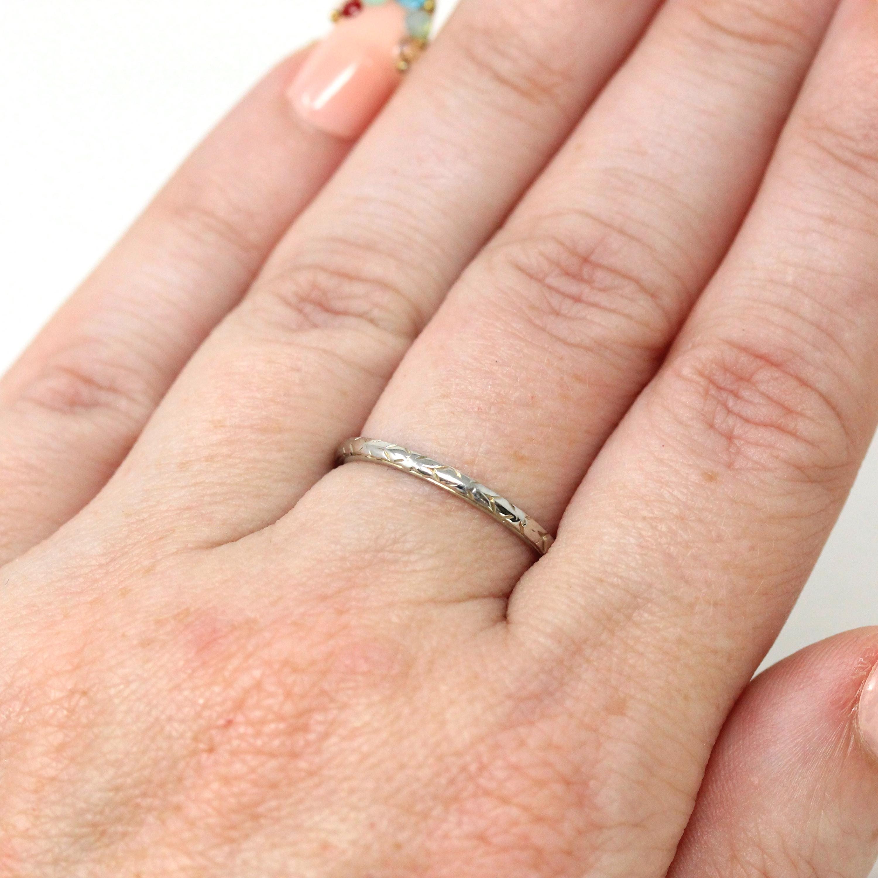 Antique Wedding Band - Art Deco Era 18k White Gold Faint Engraved Design Ostby & Barton Ring - Circa 1923 Size 5 3/4 Bridal Fine 20s Jewelry