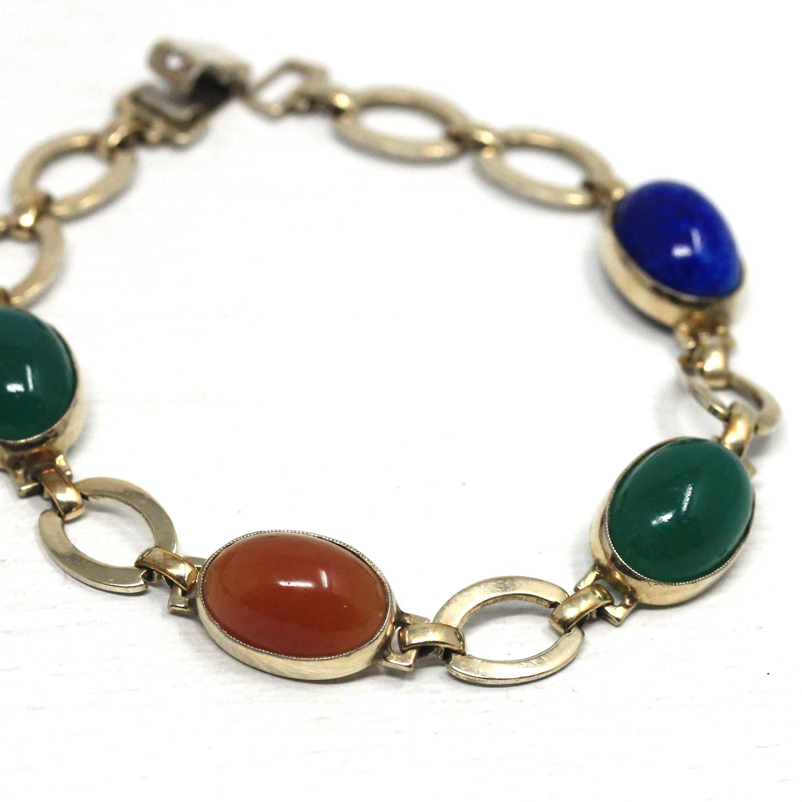 Vintage Gem Bracelet - Retro Sterling Silver 14k Gold Filled Oval Cabochon Gemstones - Circa 1940s Era Statement Symmetalic 40s Jewelry