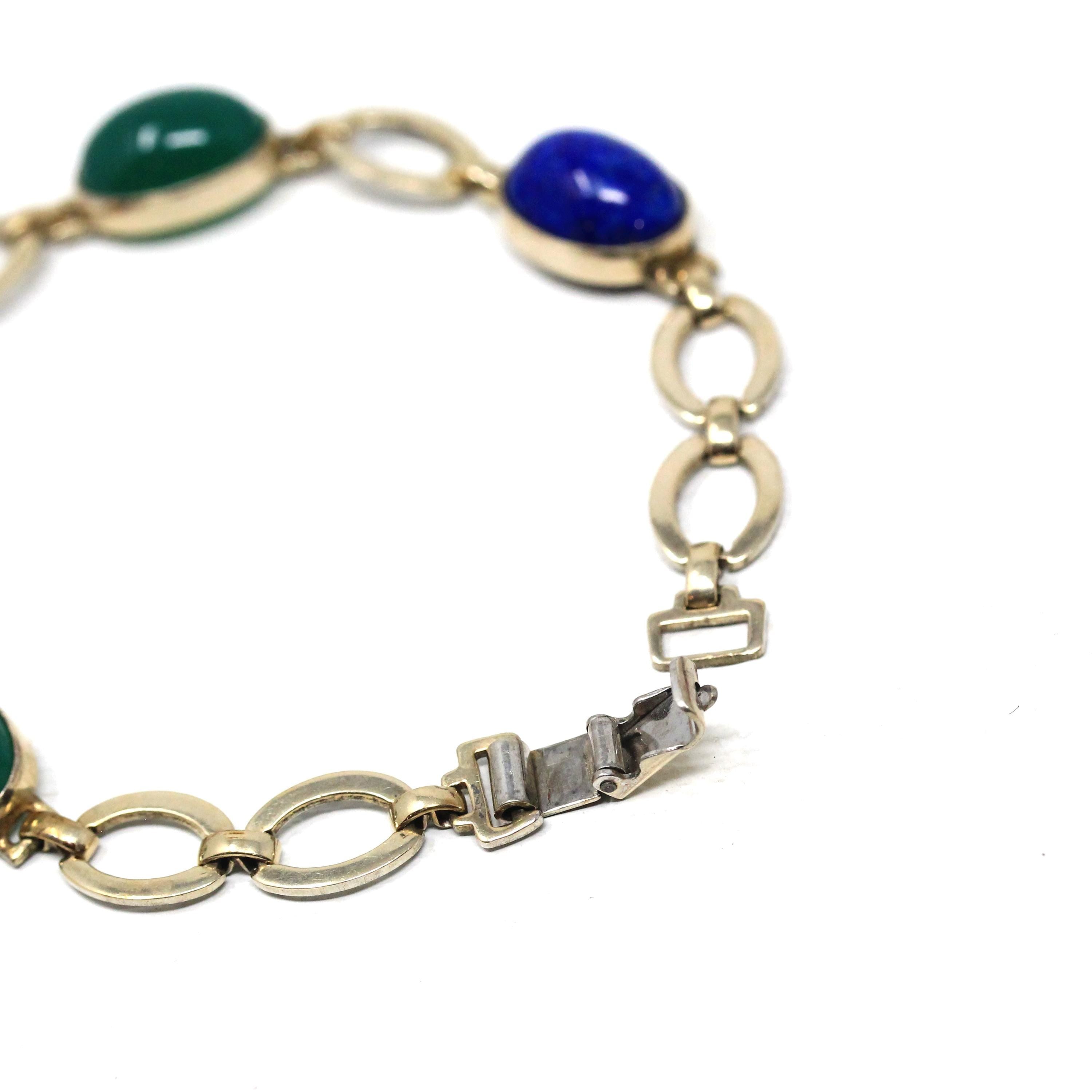 Vintage Gem Bracelet - Retro Sterling Silver 14k Gold Filled Oval Cabochon Gemstones - Circa 1940s Era Statement Symmetalic 40s Jewelry