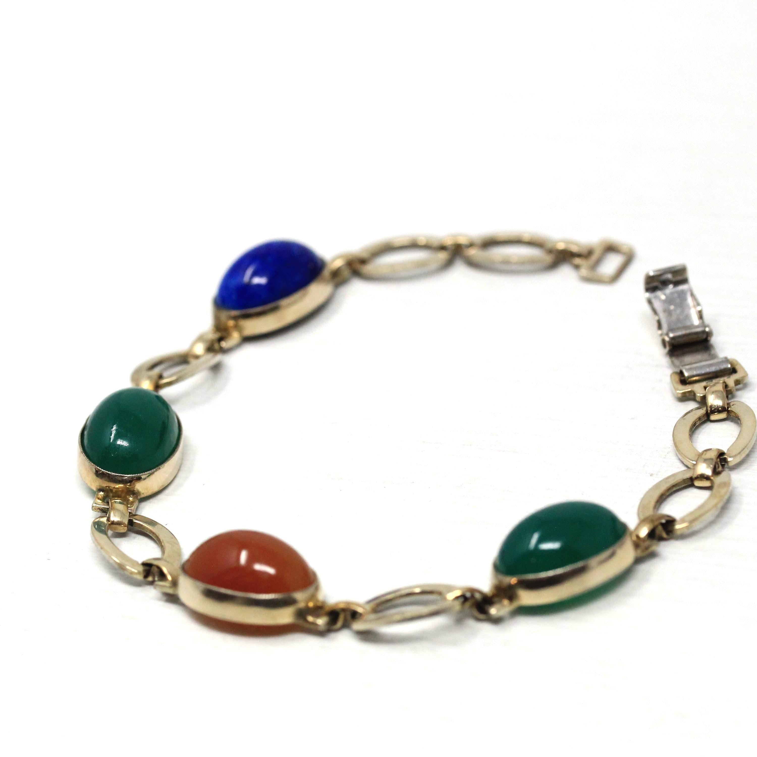 Vintage Gem Bracelet - Retro Sterling Silver 14k Gold Filled Oval Cabochon Gemstones - Circa 1940s Era Statement Symmetalic 40s Jewelry