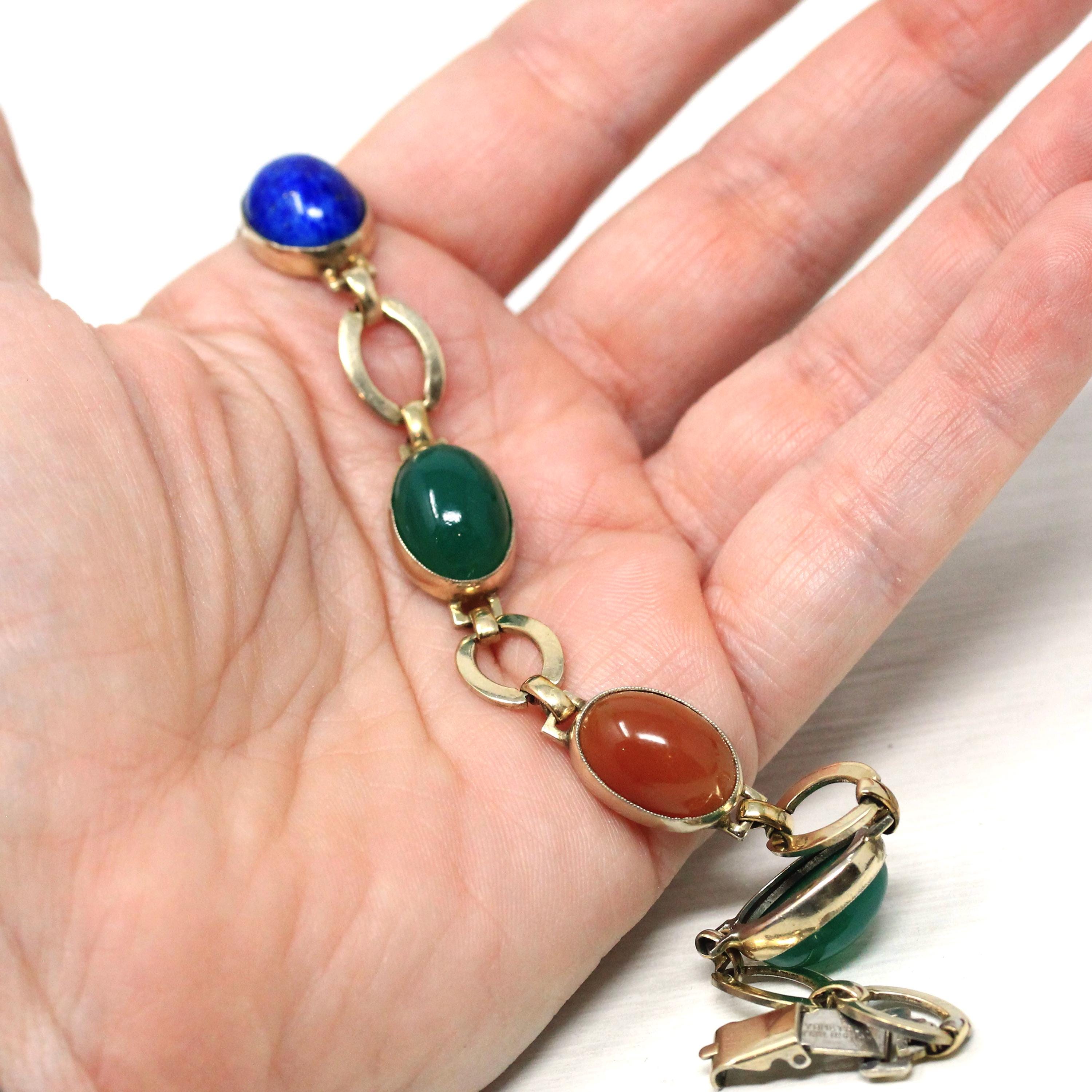 Vintage Gem Bracelet - Retro Sterling Silver 14k Gold Filled Oval Cabochon Gemstones - Circa 1940s Era Statement Symmetalic 40s Jewelry