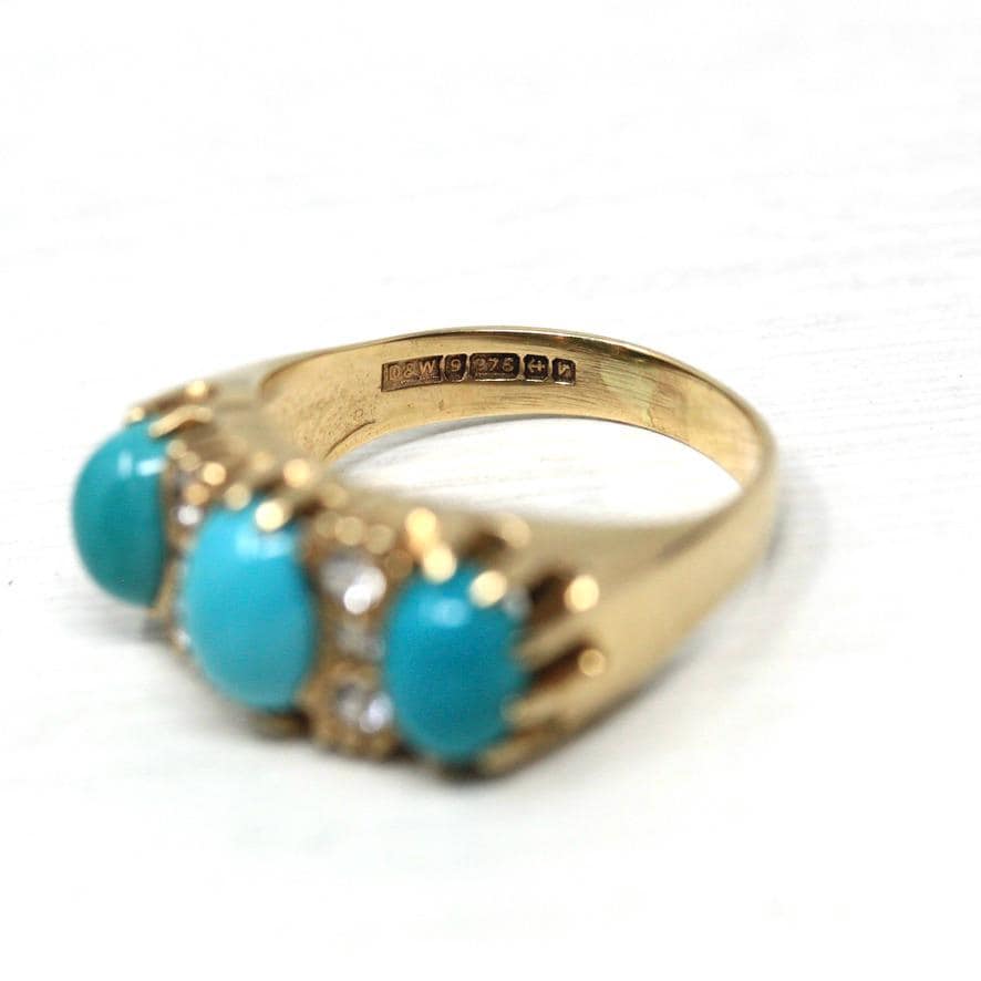 Simulated Turquoise Ring - Estate 9k Yellow Gold Glass Cabochon Three Stone Band - Hallmarked 2016 Size 7.5 Fine Birmingham Fashion Jewelry