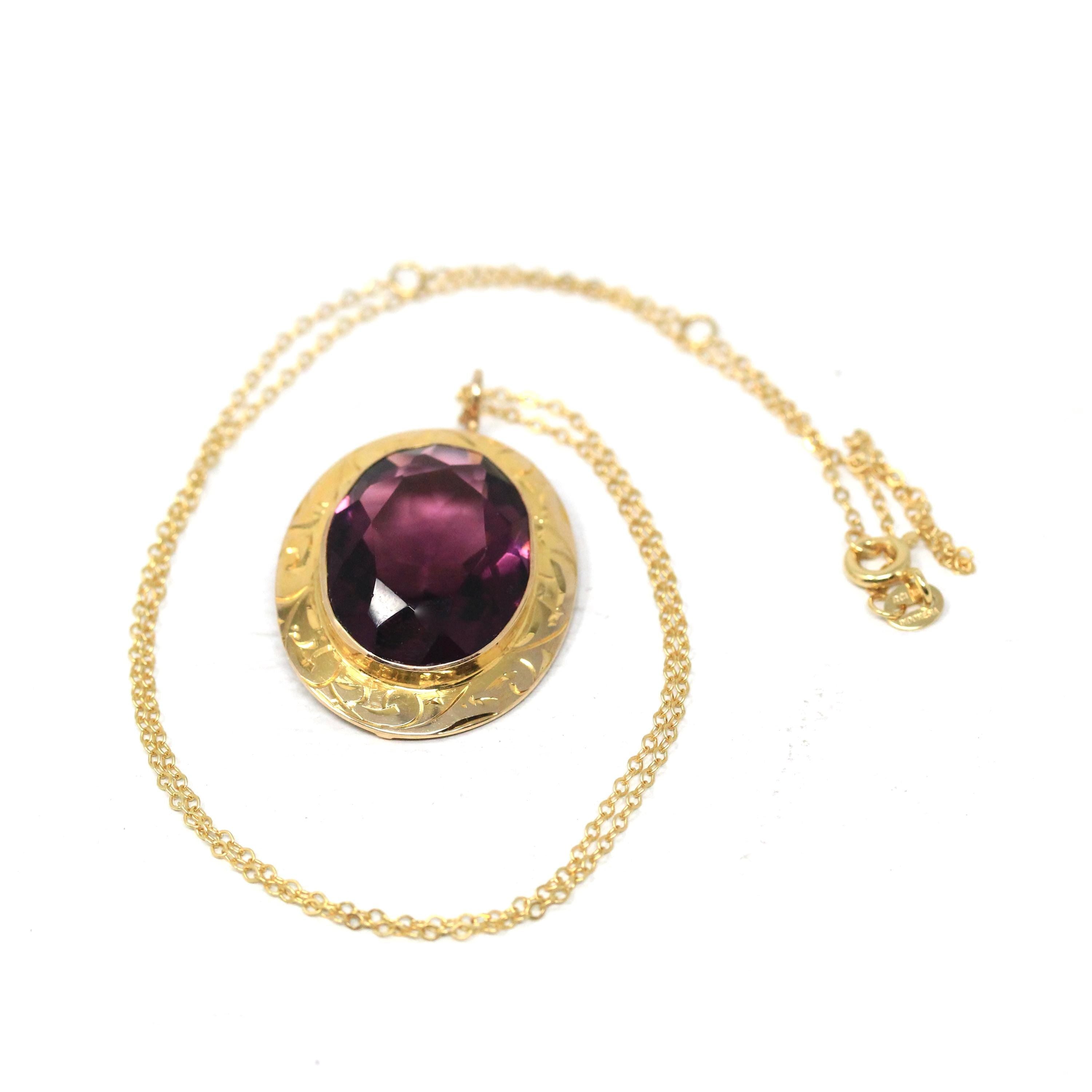 Simulated Amethyst Necklace - Edwardian Era 10k Yellow Gold Oval Faceted Purple Glass Pendant - Antique Circa 1910s Fine February Jewelry