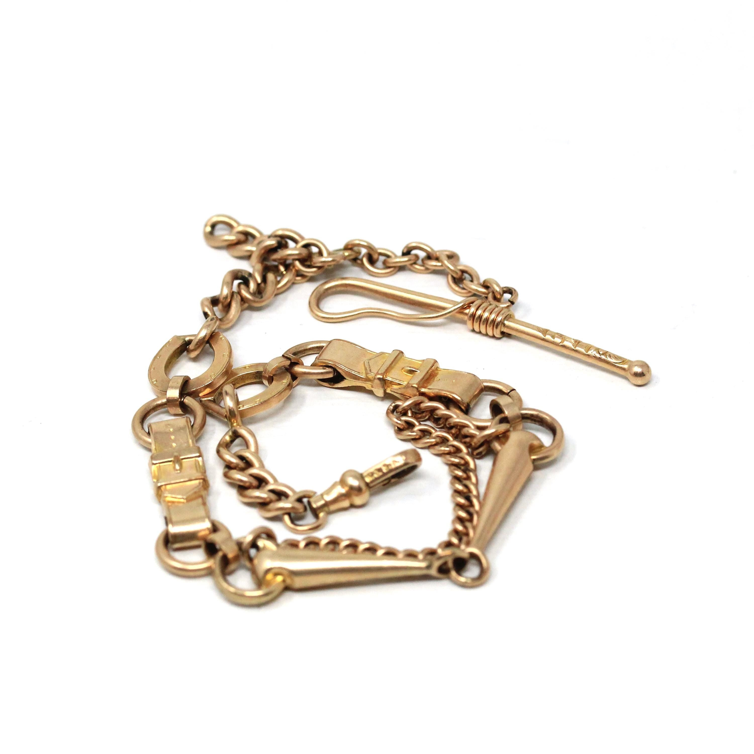 Equestrian Pocket Watch Chain - Victorian Gold Filled Riding Crop T Bar Swivel Clip - Antique Circa 1890s Era Horse Bridle Unisex Jewelry