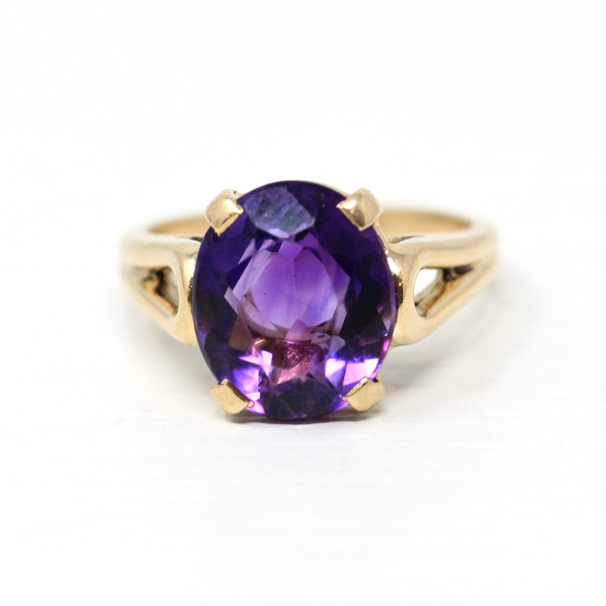 Modern Amethyst Ring Estate 14k Yellow Gold Round Natural Purple Gemstone Circa 2000s Era Size 1/2 February Birthstone Fine Jewelry